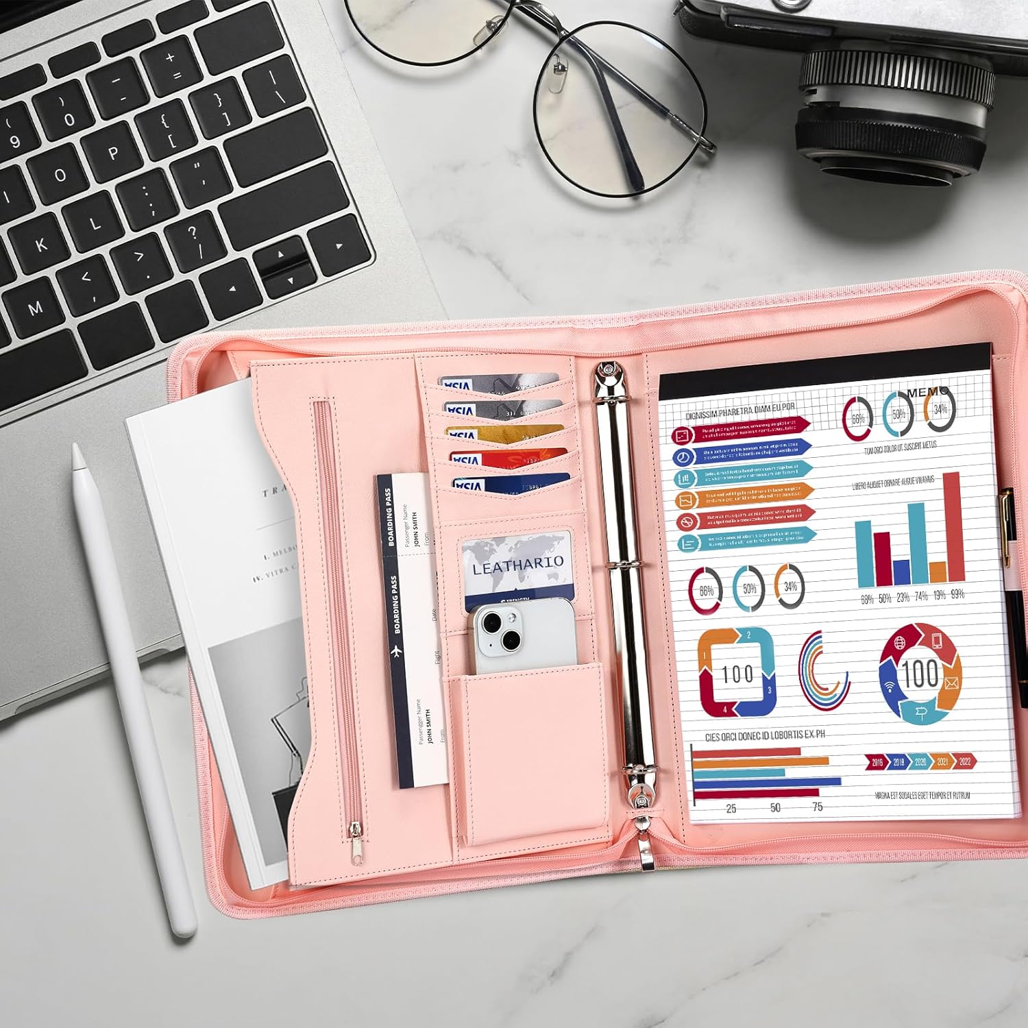 Leathario Portfolio Binder, Includes 10 Sheet Protectors and 3 Notepads, 3-Ring Folder Organizer, A4 Padfolio with Zipper, Vegan Leather Tablet Sleeve, Business Office Conference Clipboards - Image 6