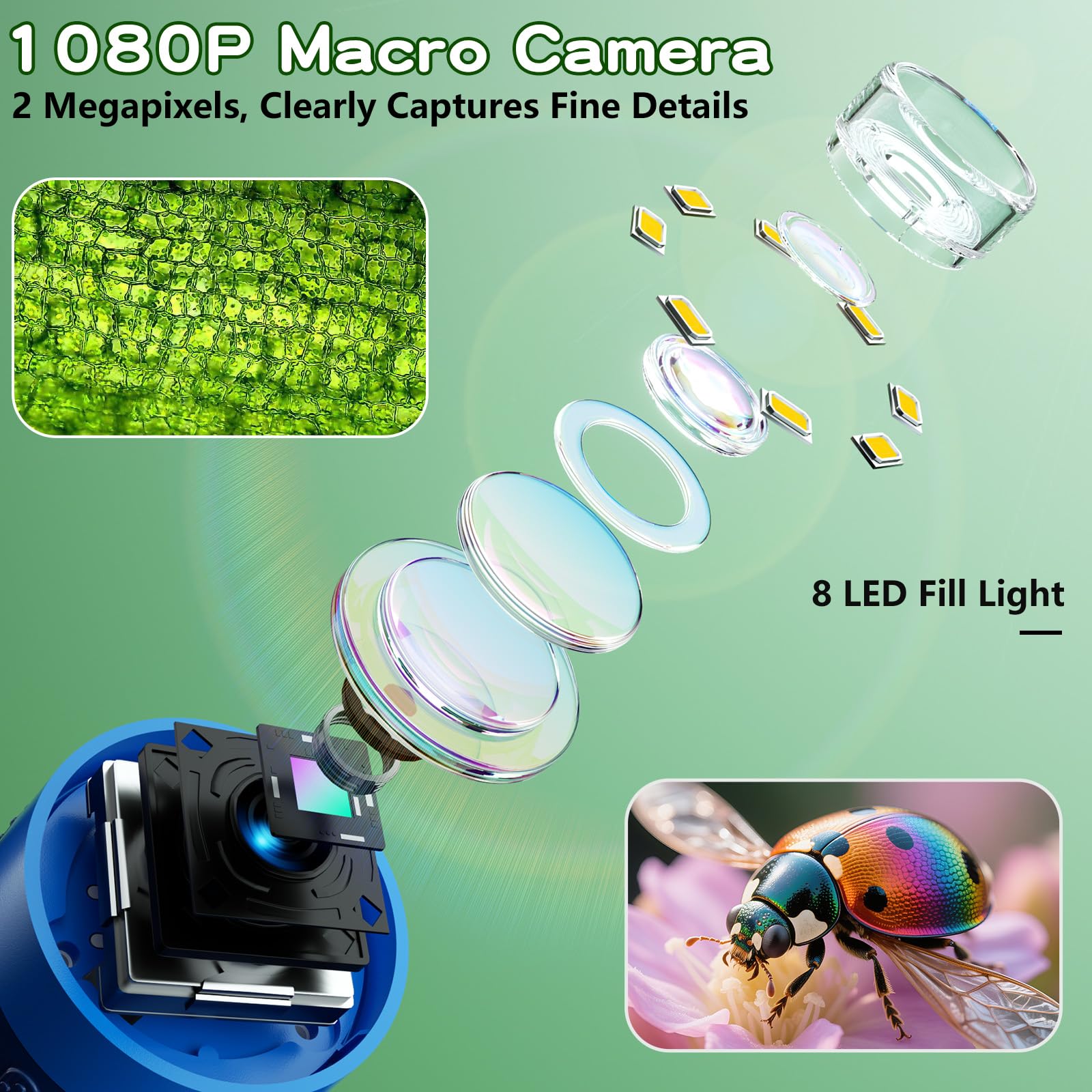 Odatay Microscopio per bambini con 12 vetrini, 100X-1000X 1080P, mini microscopio portatile tascabile per bambini, giocattoli scientifici, idea regalo per bambini di 3+ 4 5 6 7 8 9 10 11 12 anni, blu
