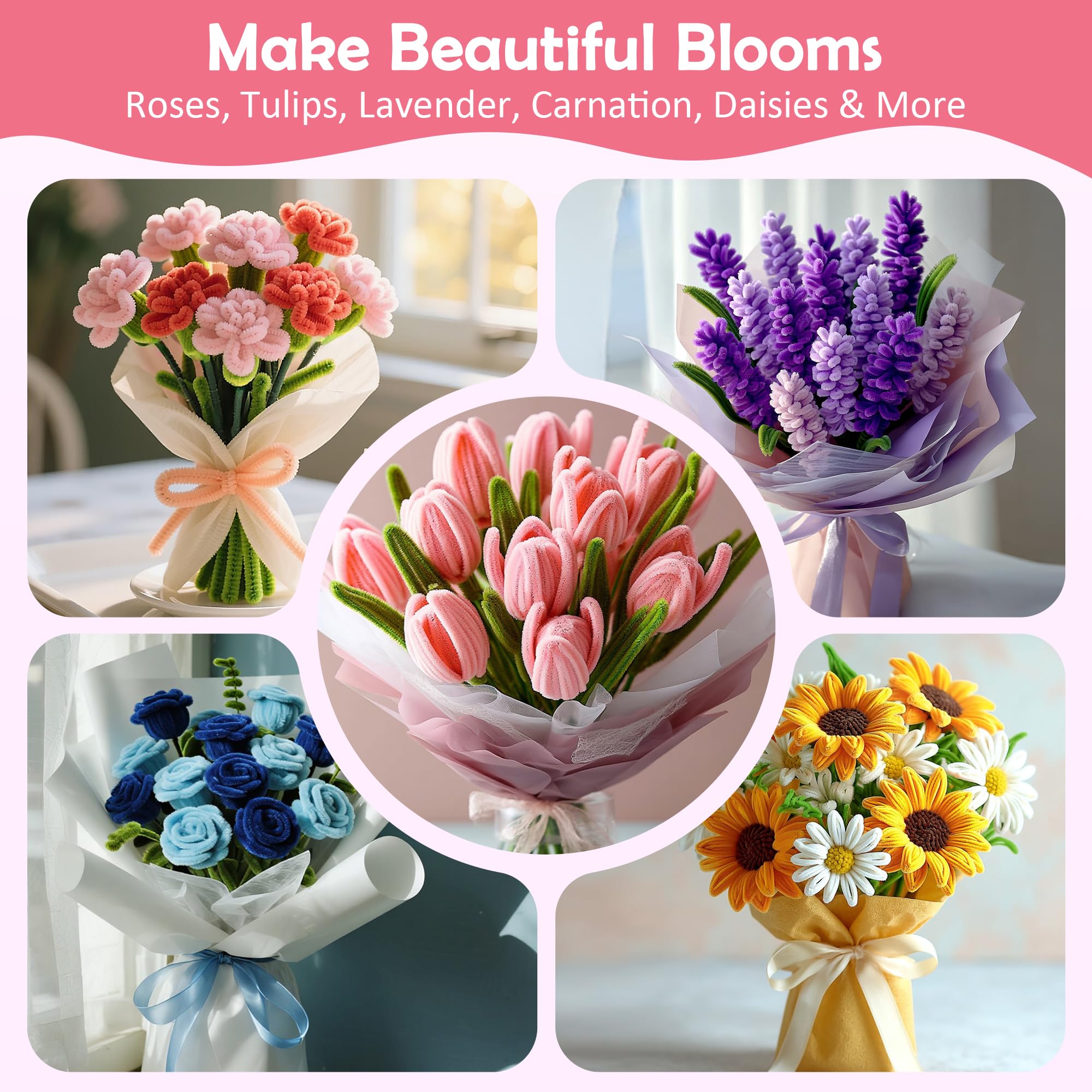 500 Pièces Cure-Pipes, 5 Couleurs Fil Chenille pour Fleurs DIY, avec Tiges Florales, Étamines, Ruban Floral, Ruban Satin et Instructions, Loisirs Créatifs, Cadeau Fait Main (Rose)