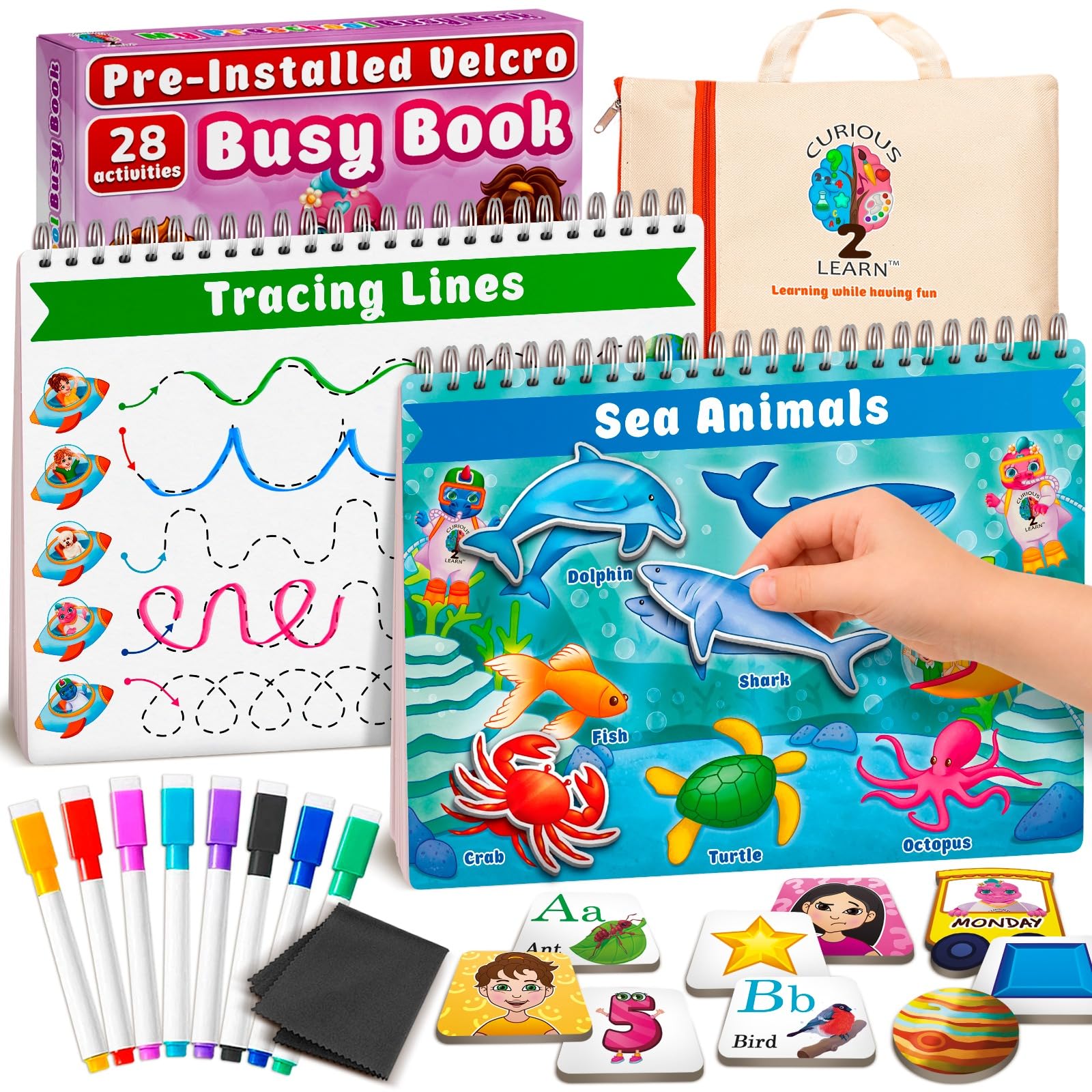 Curious 2 Learn Montessori Busy Book for Toddlers Ages 3–5 — PRE-Installed Velcro, 28 Activities, 165+ Pieces, Travel Bag & 8 Markers — Screen-Free Preschool Learning Toy, Boys & Girls Pink