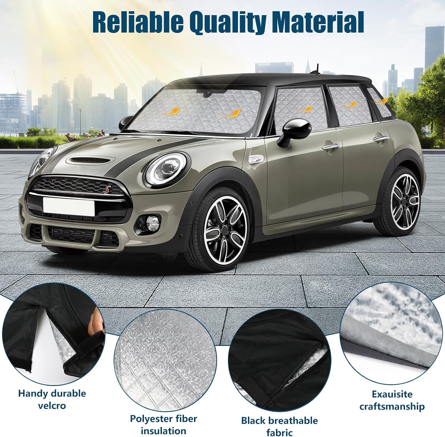 Windshield Sun Shade Custom Fit for Mini Cooper Hardtop 4 Door 2014-2024, 8 Set Foldable Sunshade Side Rear Window Full Shade Cover Privacy Protection Keeps Car Cool
