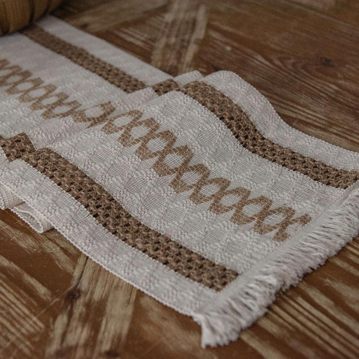 Macrame Color Block Stripe Table Runners with Tassels Farmhouse Cotton Linen Hand Woven Table Runner for Boho Dining Bedroom Decor Rustic Bridal Shower (Type D,12" Wx157 L)