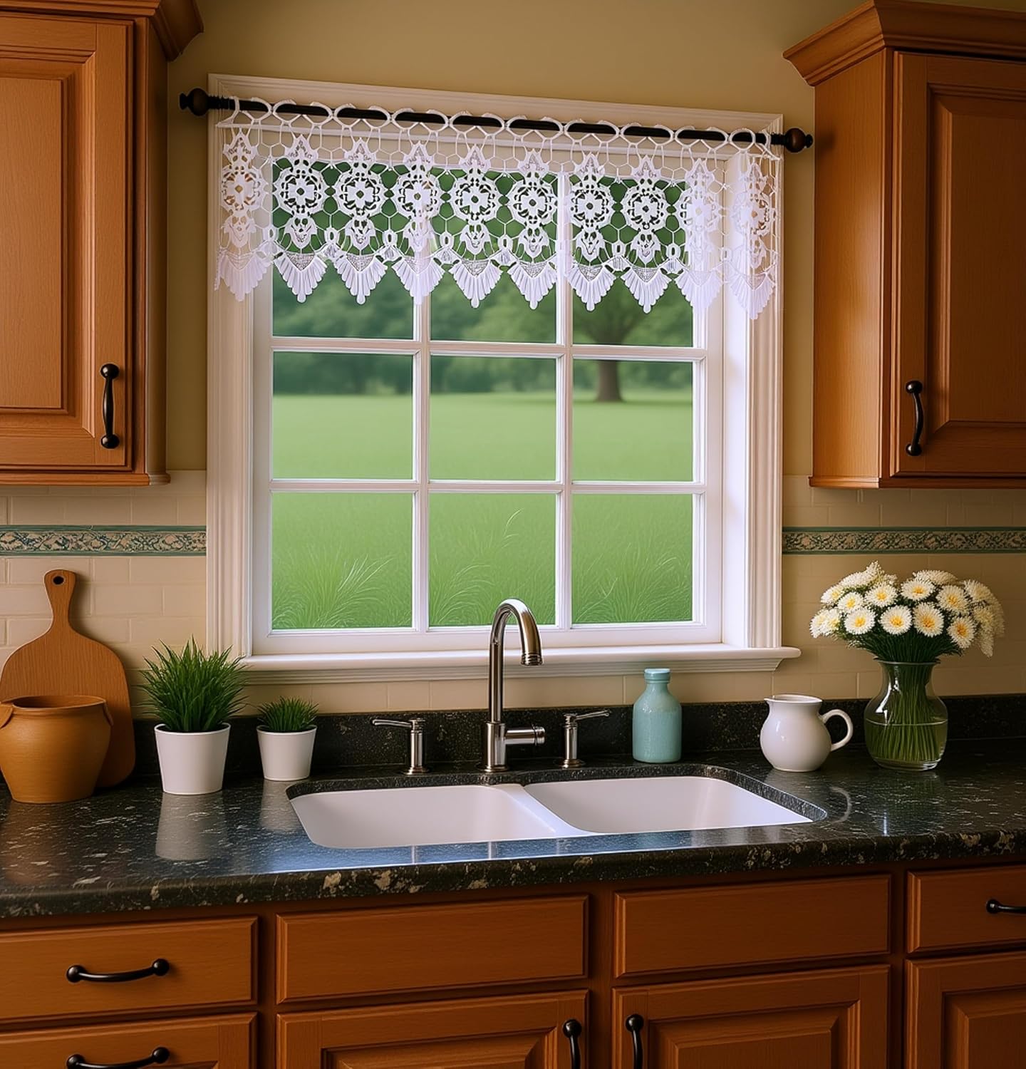 Today's Curtain Medallion Macramé Valance 12",White,35W x 12L