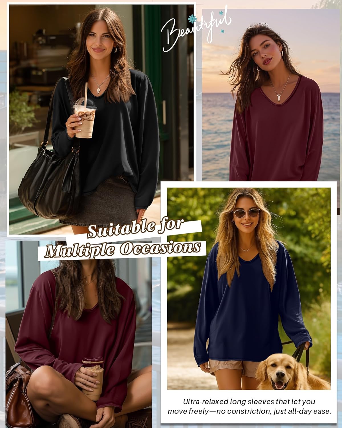 3 Pack Women's Oversize Tops, Long Sleeve Cotton Shirts V Neck Basic Unfinished Edge Tees Casual Loose Fall Tops - Image 5