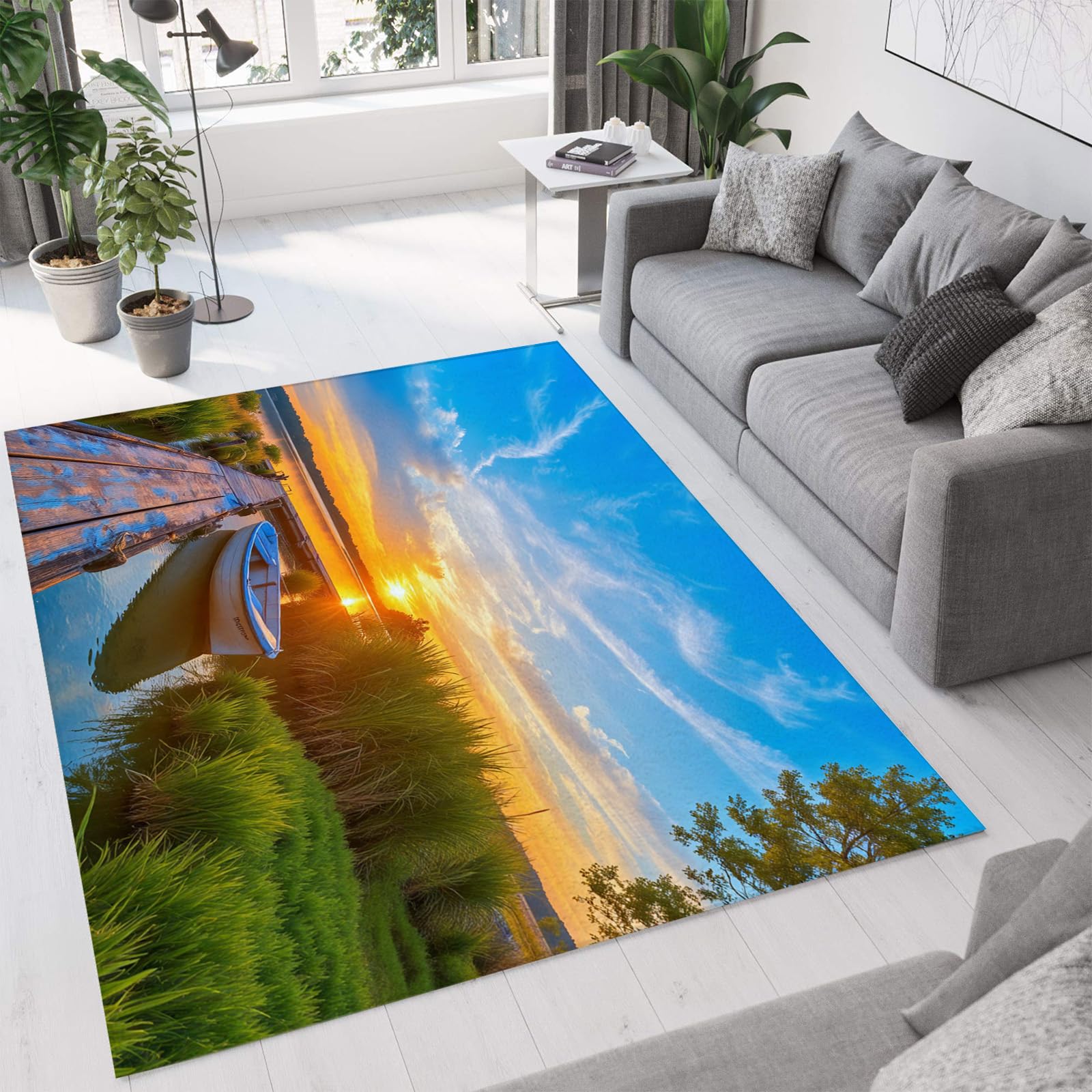 Tapis de salon doux lavable anti-glisse motif paysage vert émeraude