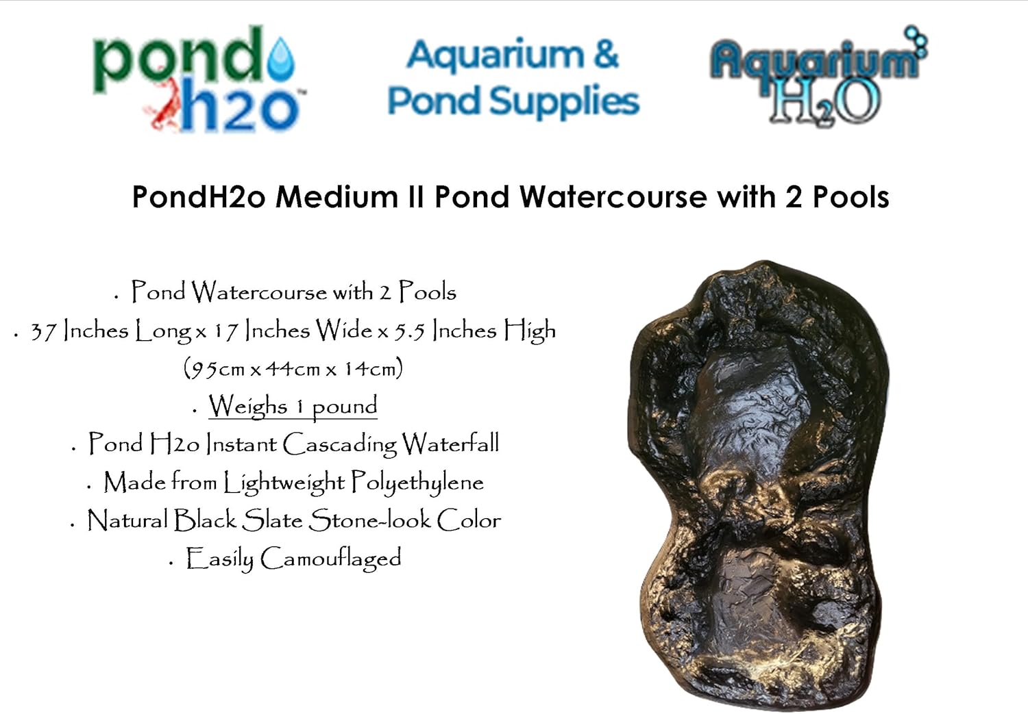 PondH2o Medium II Pond Watercourse with 2 Pools, Lightweight PVC Water Garden Pond Waterfall Spillway Outdoor Water Feature for Garden, Pond, and Backyard, No Hose Connections Required