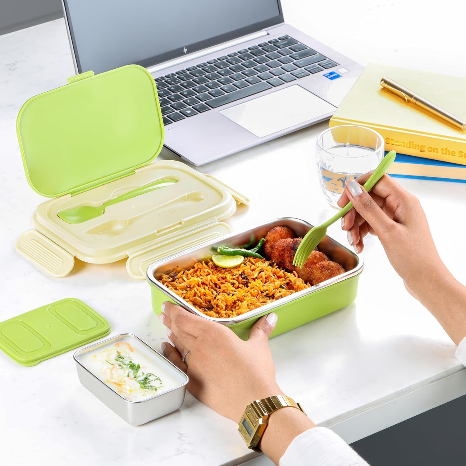 CELLO Maclunch | Insulated Lunch Box | Separate Steel Container with Fork & Spoon | Unbreakable Lid with with 4 Sided Click Locks | Ideal for College,Office, Outdoor Activities | Set of 1, Green