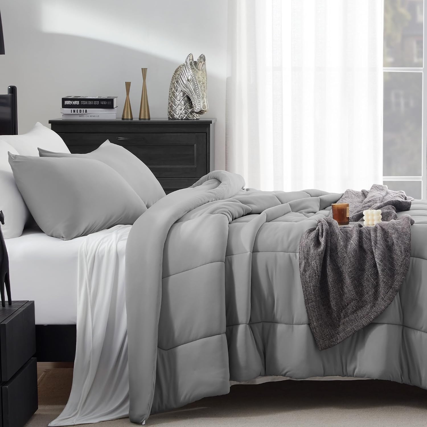 SLEEP ZONE Queen Size Comforter Set, Breathable Jersey Knit Soft Duvet Insert Set 3 Pieces Bedding Sets for Bedroom All Season, Gull Gray