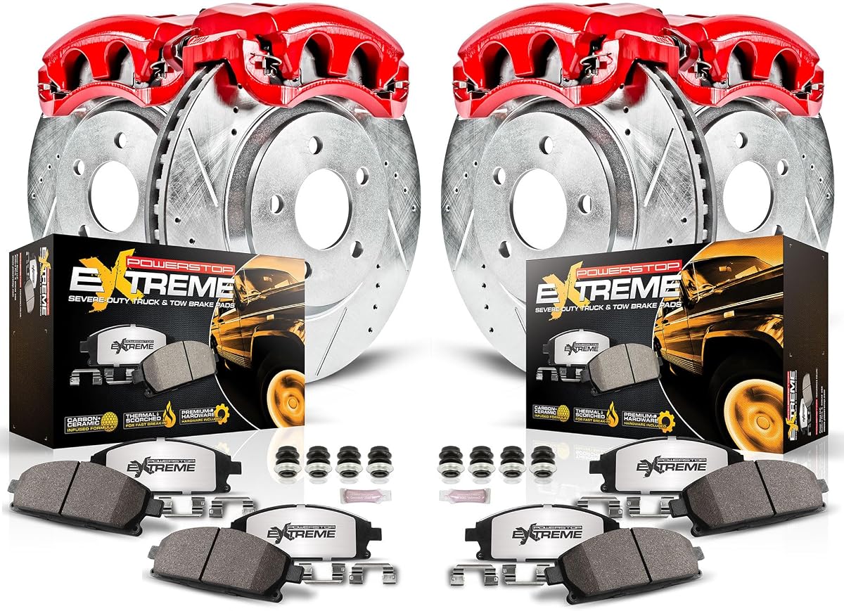 Front and Rear Brake & Caliper Kit for Chevrolet Avalanche 2500 2002-04 |Silverado 2500 HD 2001-10 - Drilled & Slotted Disc Rotors + Z36 Brake Pads + Red-Powder Coated Calipers, KC2073-36