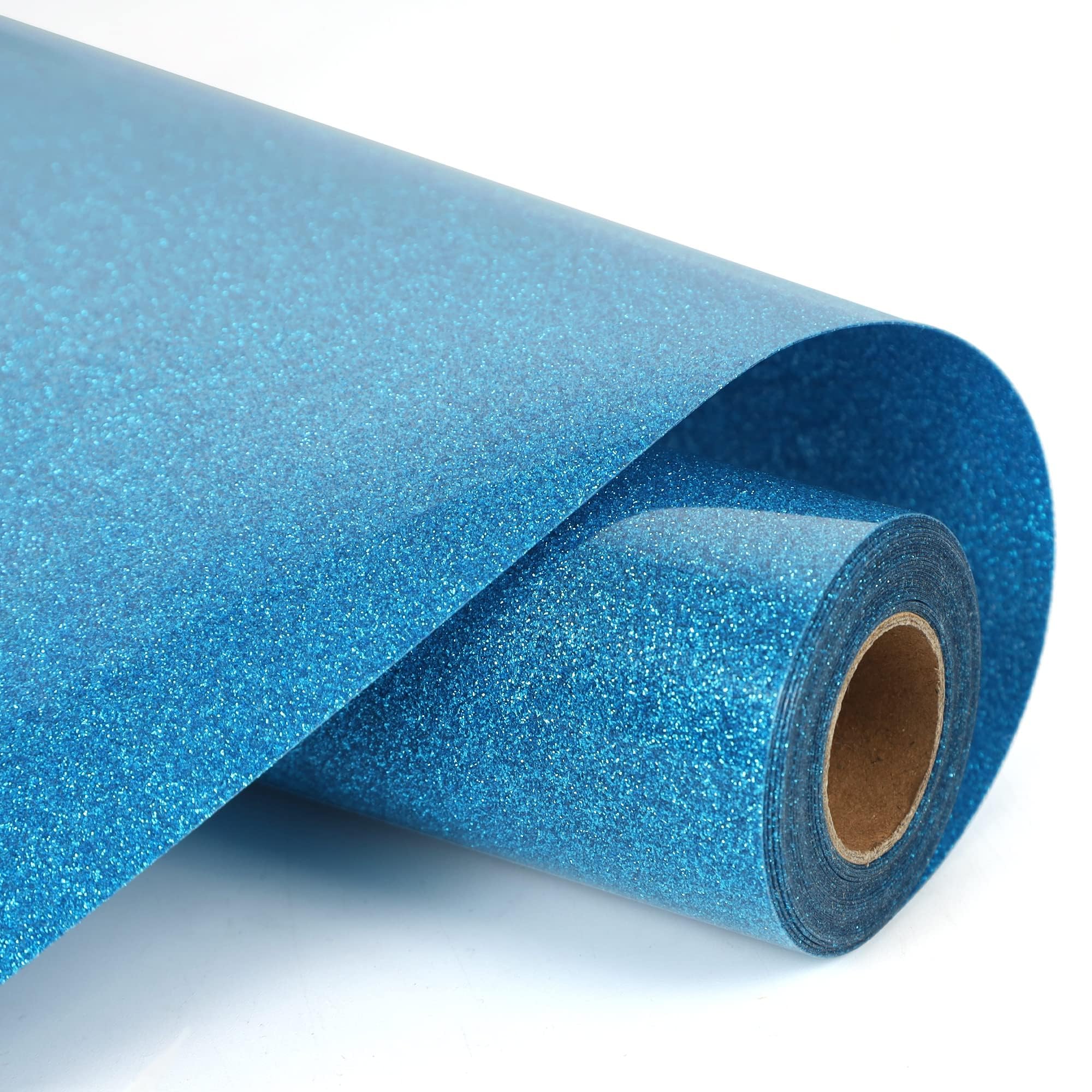 HTVVETUR Glitter HTV Vinyl Rolls Heat Transfer Vinyl - 12" x 9ft Blue HTV Vinyl for Shirts, Iron on Vinyl for Cameo - Easy to Cut &amp; Weed for Heat Vinyl Design (A001-J008 Glitter Blue-9ft)