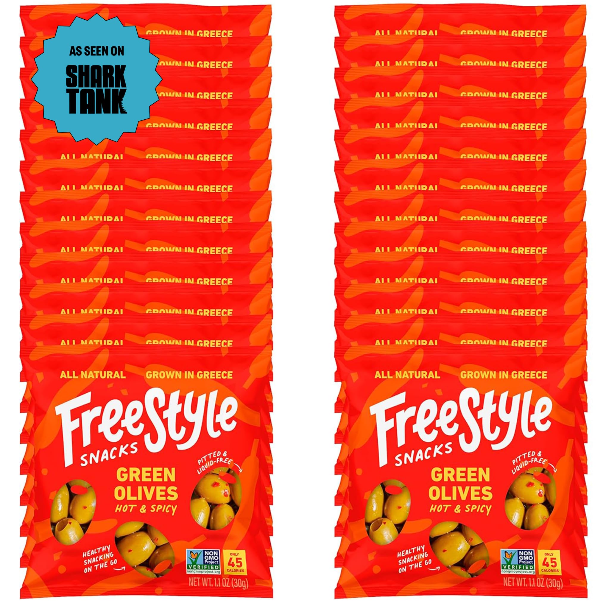 Freestyle Snacks Olive Snack Packs - As Seen on Shark Tank - Single Serve - Fresh Pitted Green Olives, Grown in Greece, All Natural, Non-GMO,