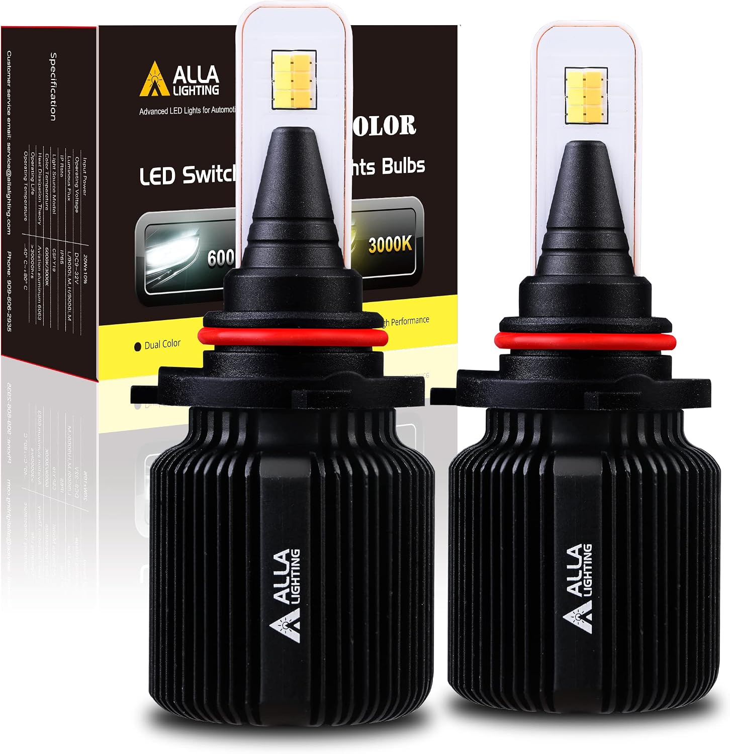 Alla Lighting 8000LM H10 9145 9005 LED Switchback Bulbs, Fog Lights or High, Low Beam Conversion Kits Forward Lighting 6000K Xenon White/3000K Yellow Dual Color Replacement Extreme Bright