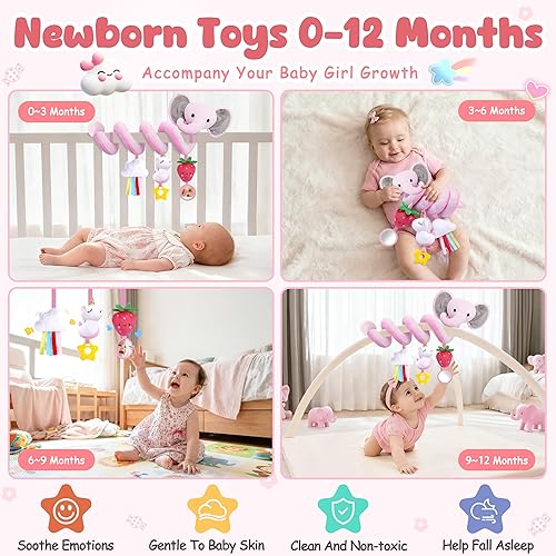 Miniatura 3 de Juguetes de asiento de coche en espiral para bebés niñas de 0 a 6 meses, lindo elefante rosa fresa, regalo perfecto de Navidad para recién nacidos,