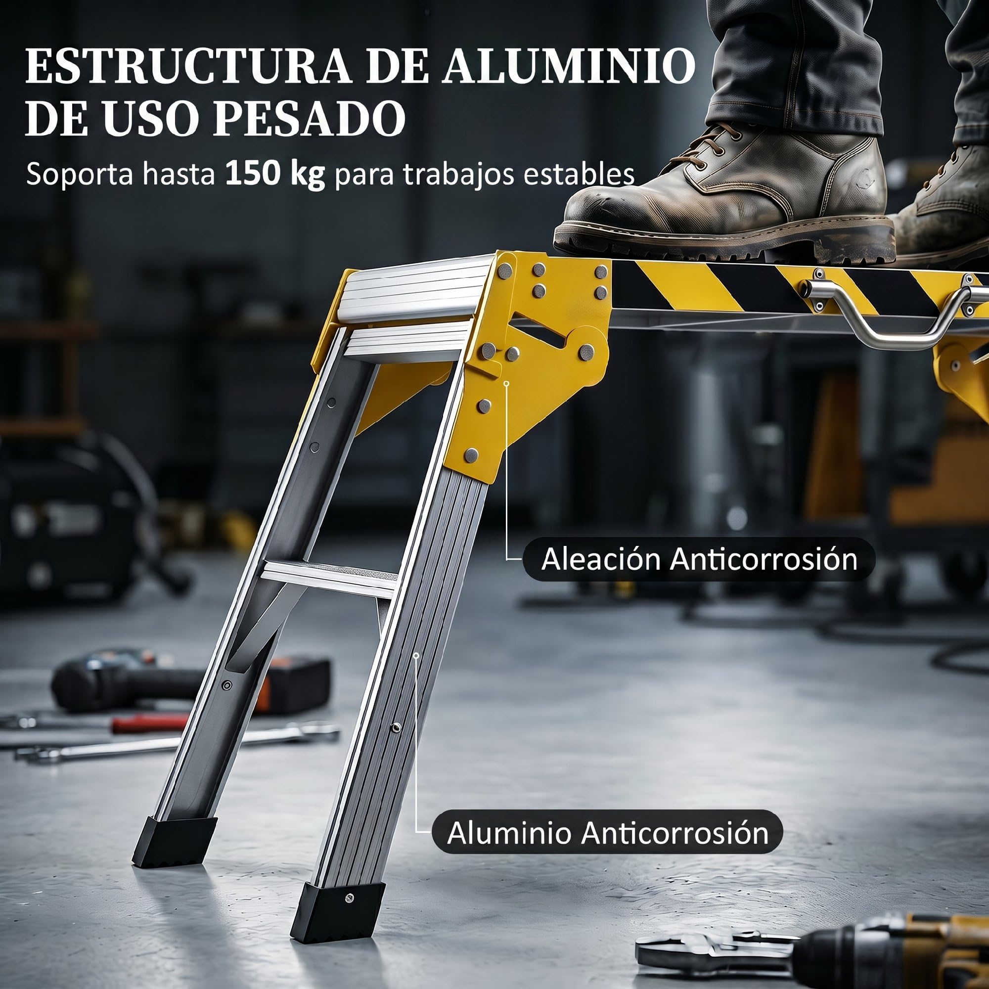 HOMCOM Banco de Trabajo Plegable de Aluminio, Mesa de Taller con Asa, Antideslizante, Tiras Reflectantes, Carga 150 kg, 110x32x50 cm, Negro
