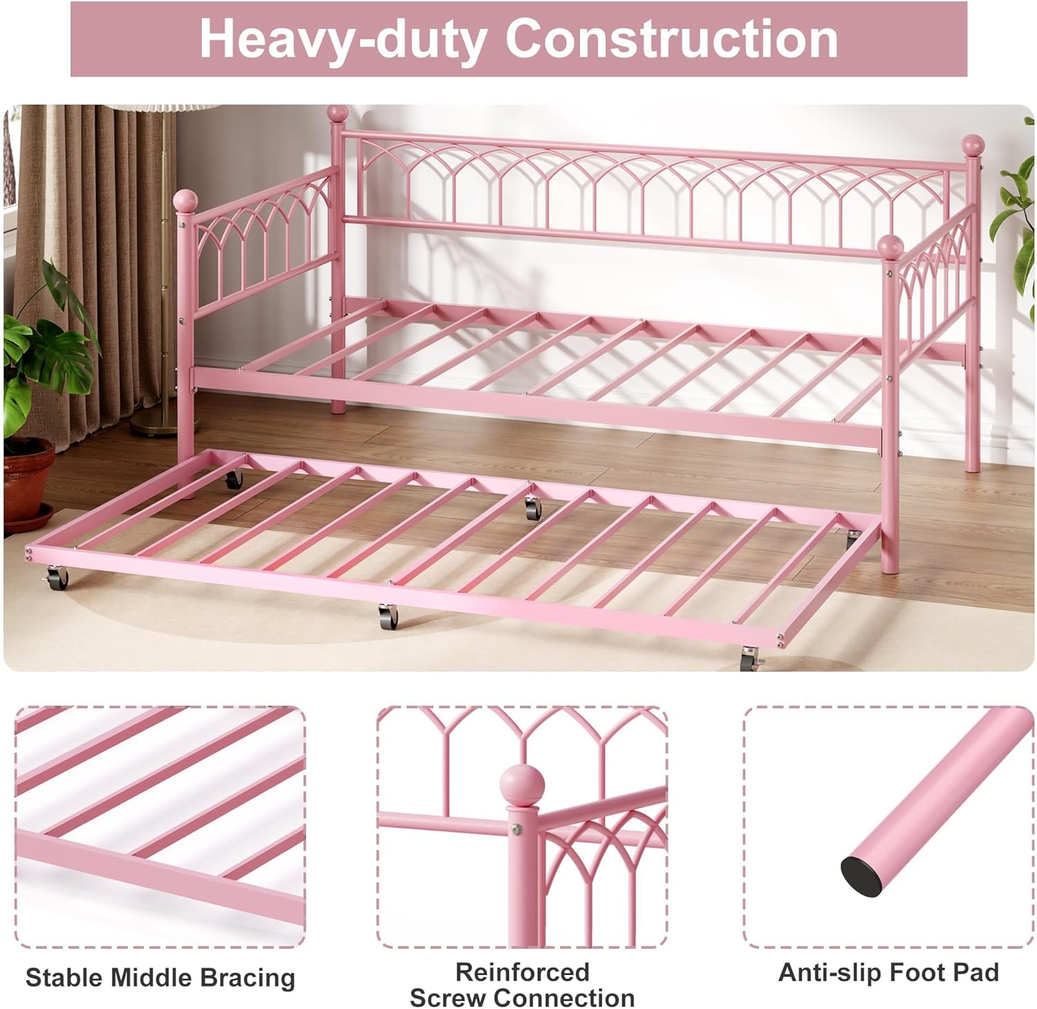 GarveeHome Twin Size Daybed, Sofa Bed Frame with Metal Steel Slat Support, Heavy Duty Metal Bed Frame, Space Saving, Easy Assembly, for Small Spaces, Living Room, Bedroom, Apartment, Pink