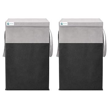68L Foldable Laundry Basket for Clothes Storage with Handles, Non-Woven Laundry Hamper for Bedroom Bathroom Dorm, Grey & Black, Pack of 2