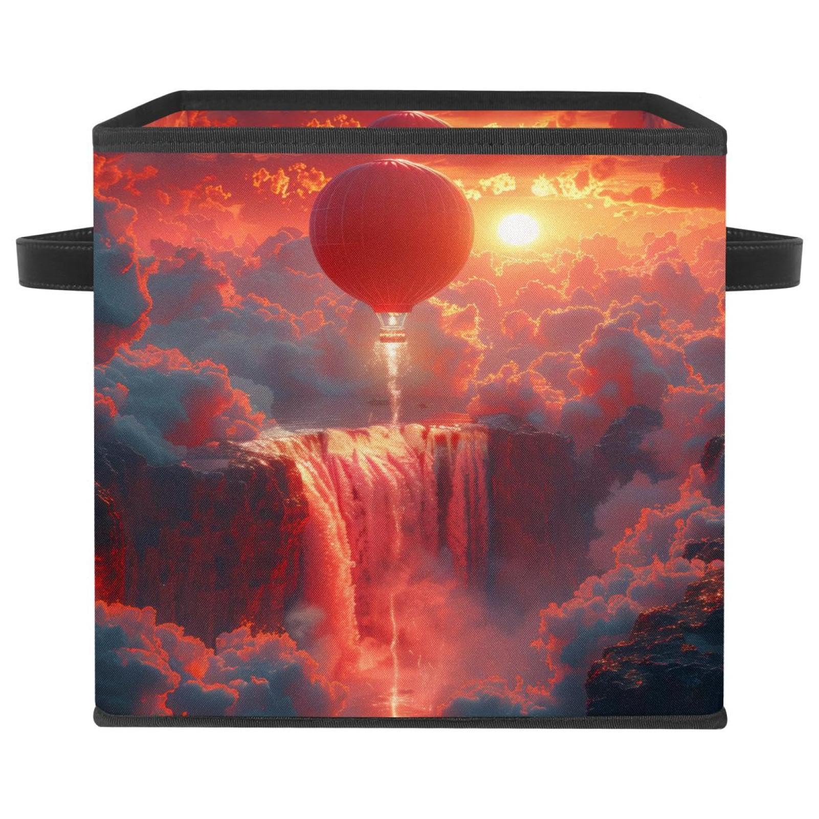 Grand bac de rangement cube pliable motif montgolfière rouge avec poignées en cuir