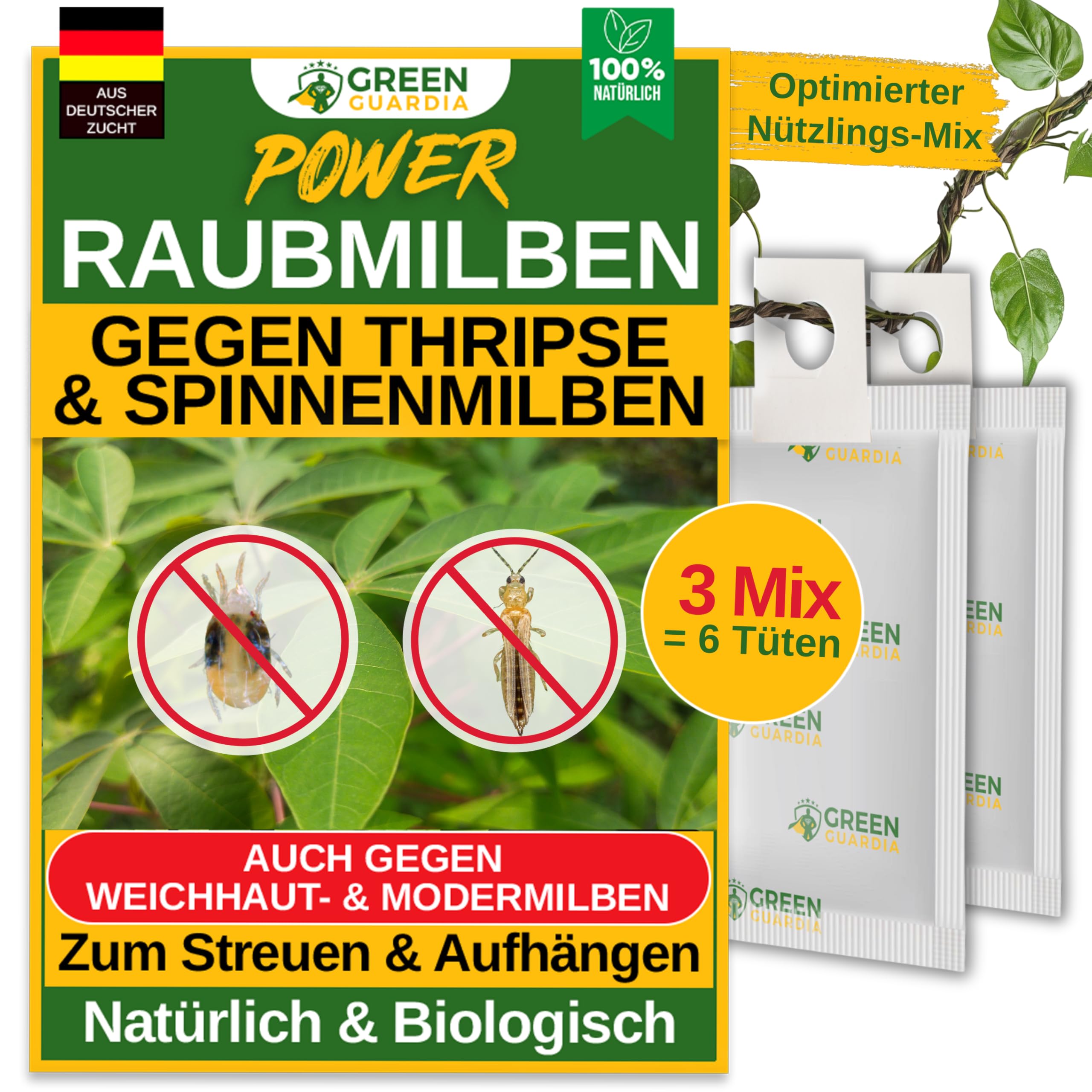 GREEN GUARDIA Power Raubmilben Mix gegen Thripse & Spinnmilben– 3 Mix mit 6 Tüten - Biologisches Mittel zur effektiven Thripse Bekämpfung–Umweltfreundlich, chemiefreie Mittel,einfache Anwendung