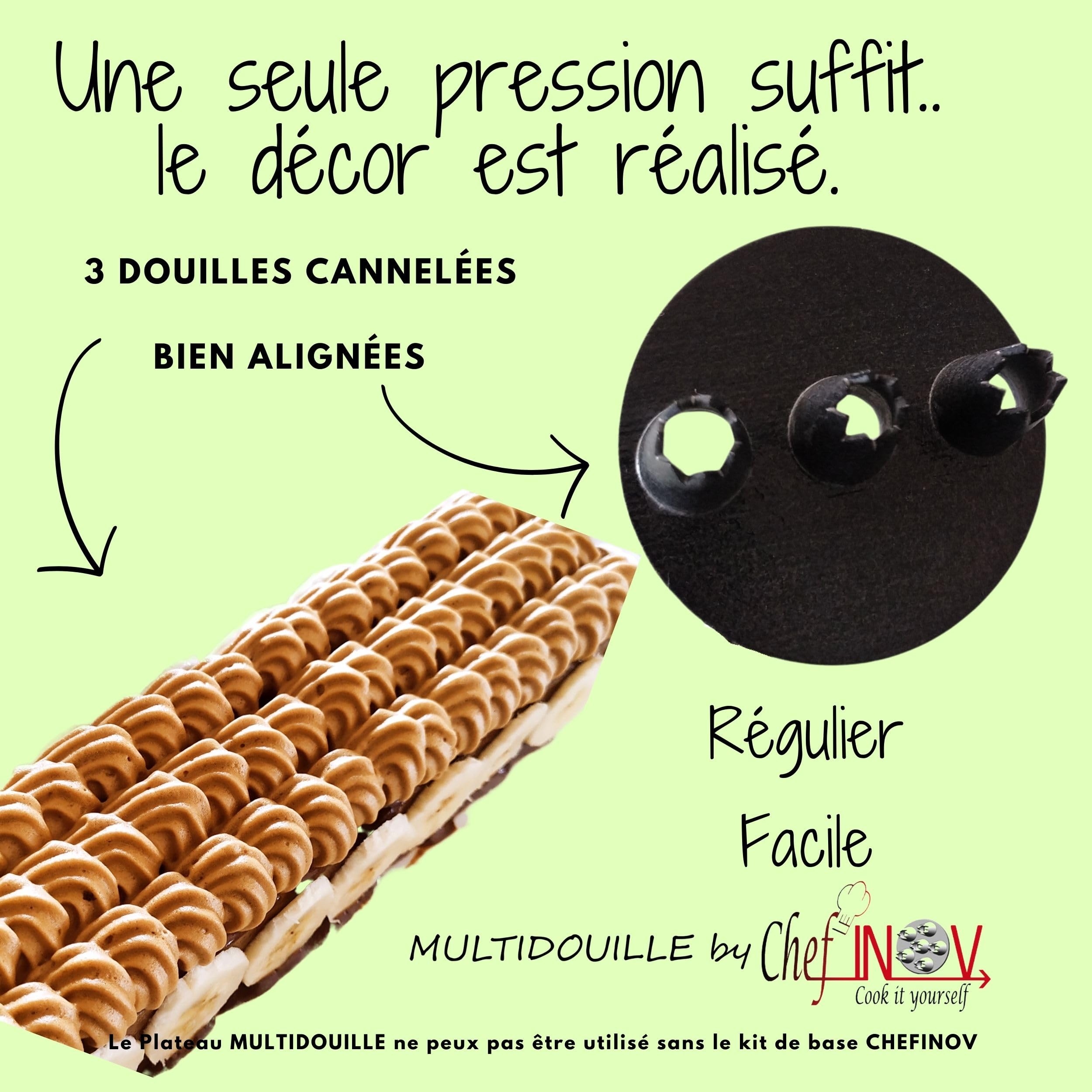 Coffret Multidouille Chefinov - 3 Plateaux P'tit Chef - Douilles pâtisserie unies, cannelées, sultane - Une seule pression le décor est réalisé.