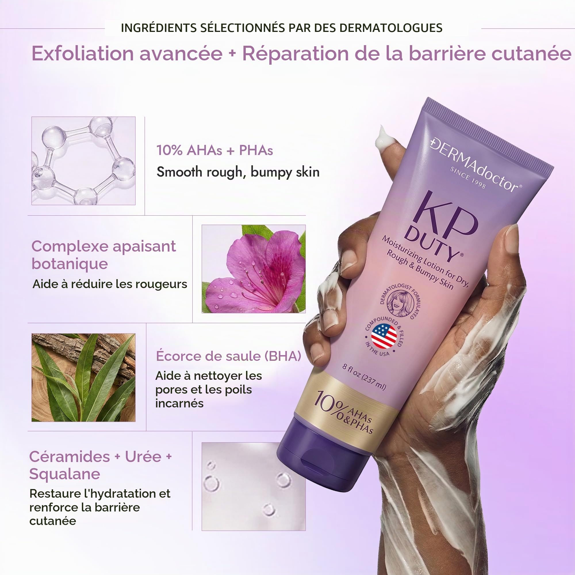 DERMAdoctor Creme Keratose Pilaire – Lotion hydratante pour le corps formulée par des dermatologues pour la kératose pilaire | Lisse la peau sèche, rugueuse et bosselée | Hydrate et adoucit (237ml)