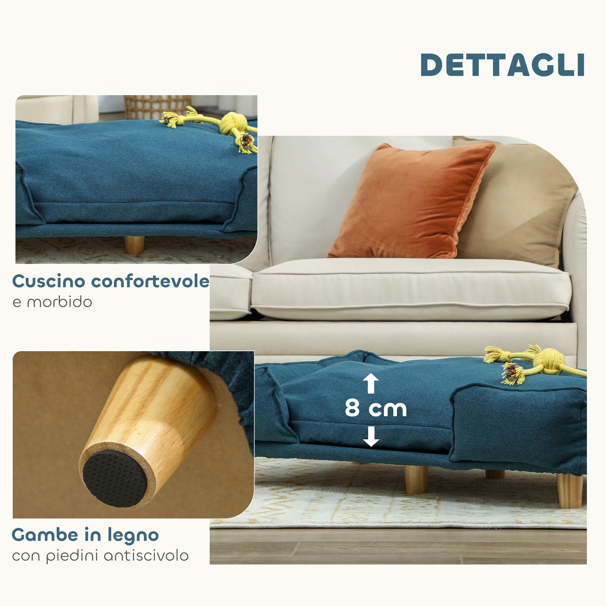 PawHut Divano per Cani Grandi Fino 30 kg, Cuccia Lettino Rialzato per Animali da Interno con Cuscino Rimovibile, 96x66x24 cm, Blu