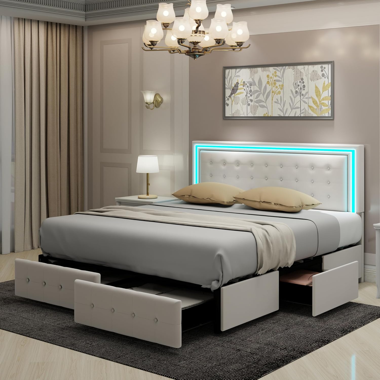 Diagram showing the dimensions of the King Size LED bed frame with storage drawers