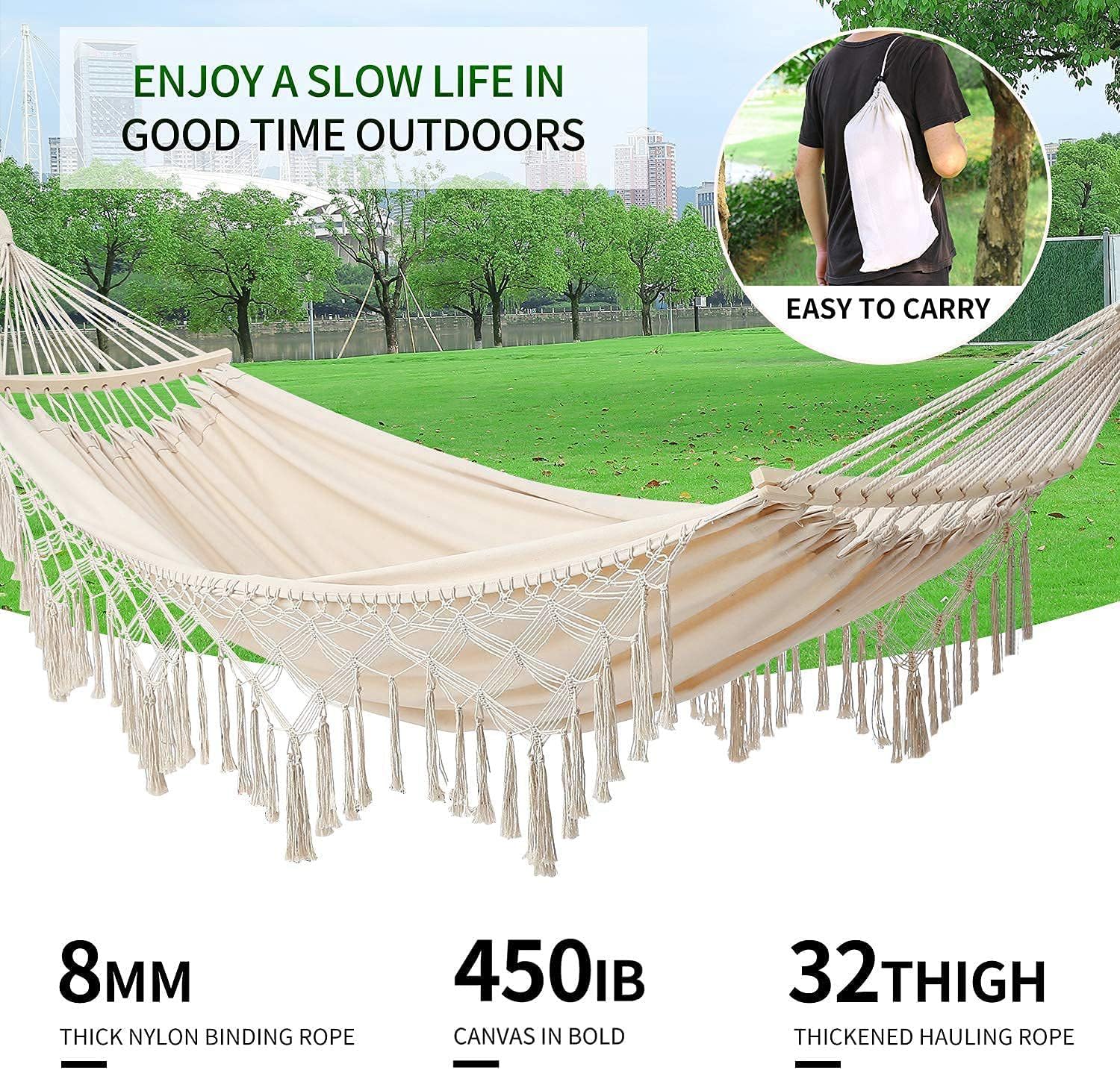 Hamac De Jardin Hamaca Colgante Doble De Algodón con Flecos para Colgar En La Playa O En El Patio Exterior Hamaca Extra Grande 300X150cm (Blanco, MAX Load 300Kg)
