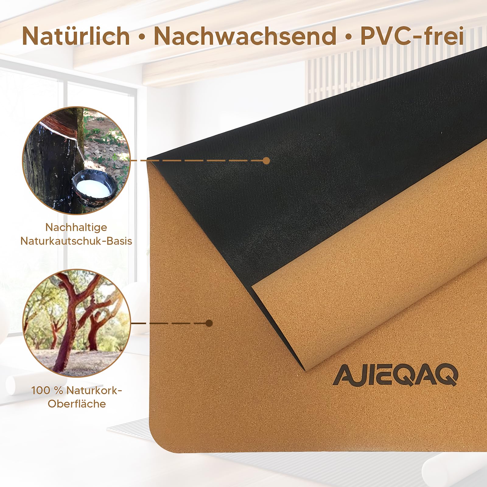 Premium Kork Yogamatte aus Naturkautschuk - Extra Breit (183x80 cm) & 5mm Dick - Rutschfeste XXL Fitnessmatte für Yoga, Pilates & Gymnastik - Gelenkschonend & Formstabil