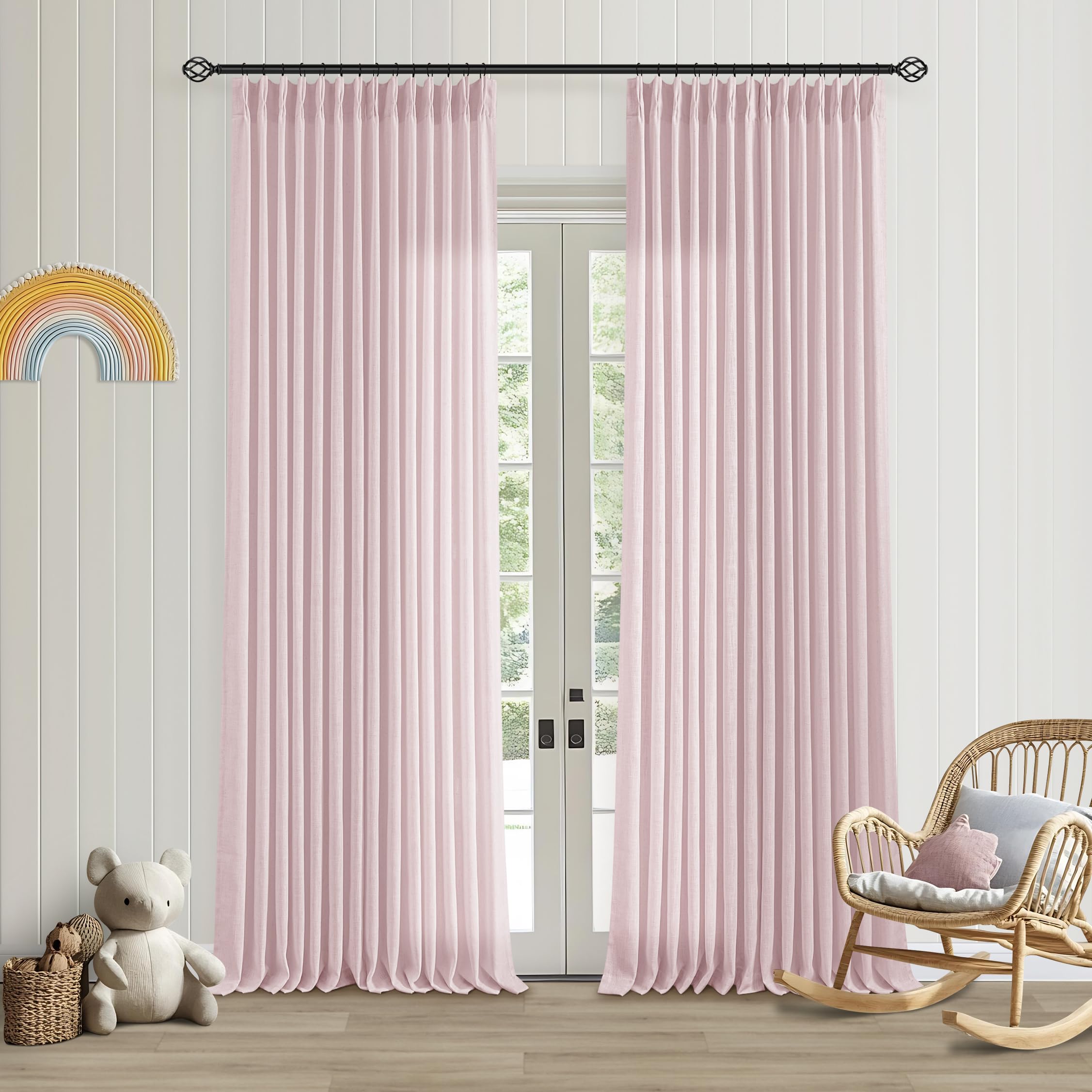 Light Pink Linen Pinch Pleat Curtains 96 Inch Length 2 Panels Set 40x96