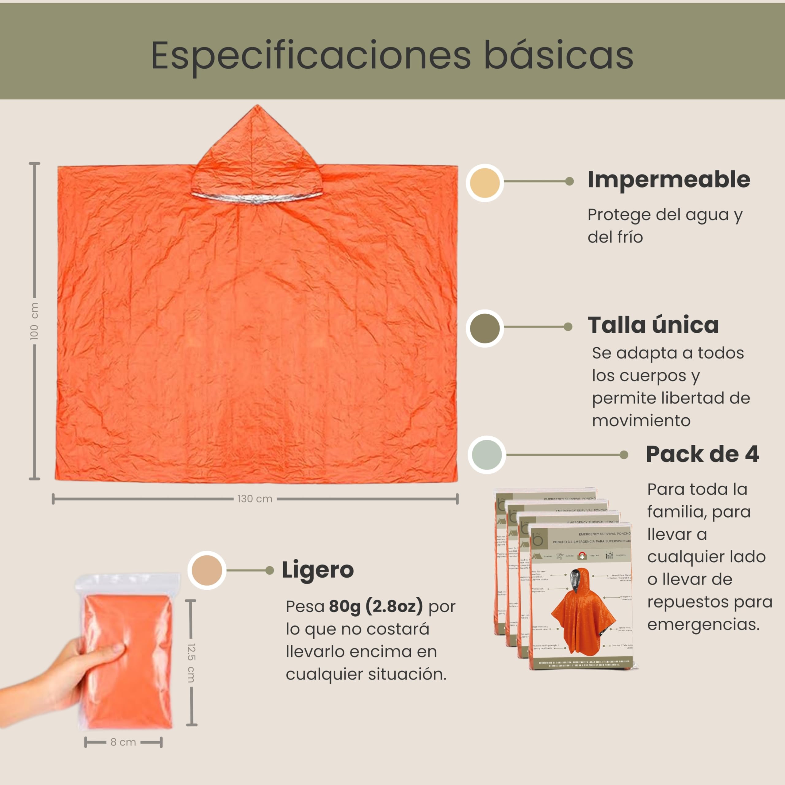 Poncho térmico de emergencia – Pack de 4 reutilizable con capucha – impermeable – para coche, montaña, supervivencia y primeros auxilios