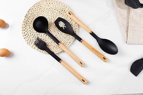 Miniatura 4 de Juego de utensilios de cocina de silicona, juego de 13 utensilios de cocina para cocinar, juego de espátulas sin BPA con asas de madera resistentes