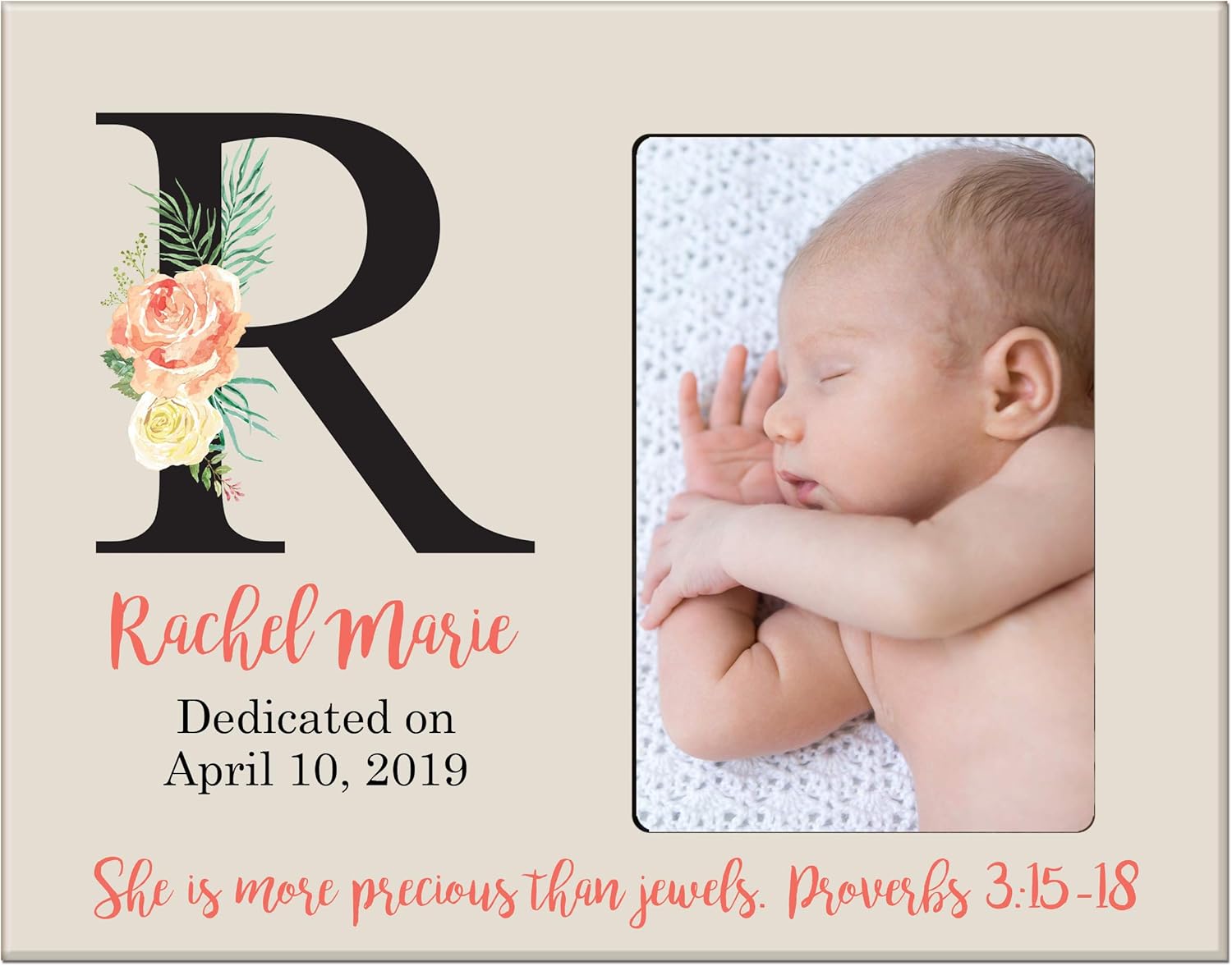 LifeSong Milestones Personalized Baby Birth Newborn Announcement Arrival Photo Frame with Stats Blessing for Child 8” x 10” Picture Frame Holds 4” x 6” Photo More Precious (Flowers Ivory)