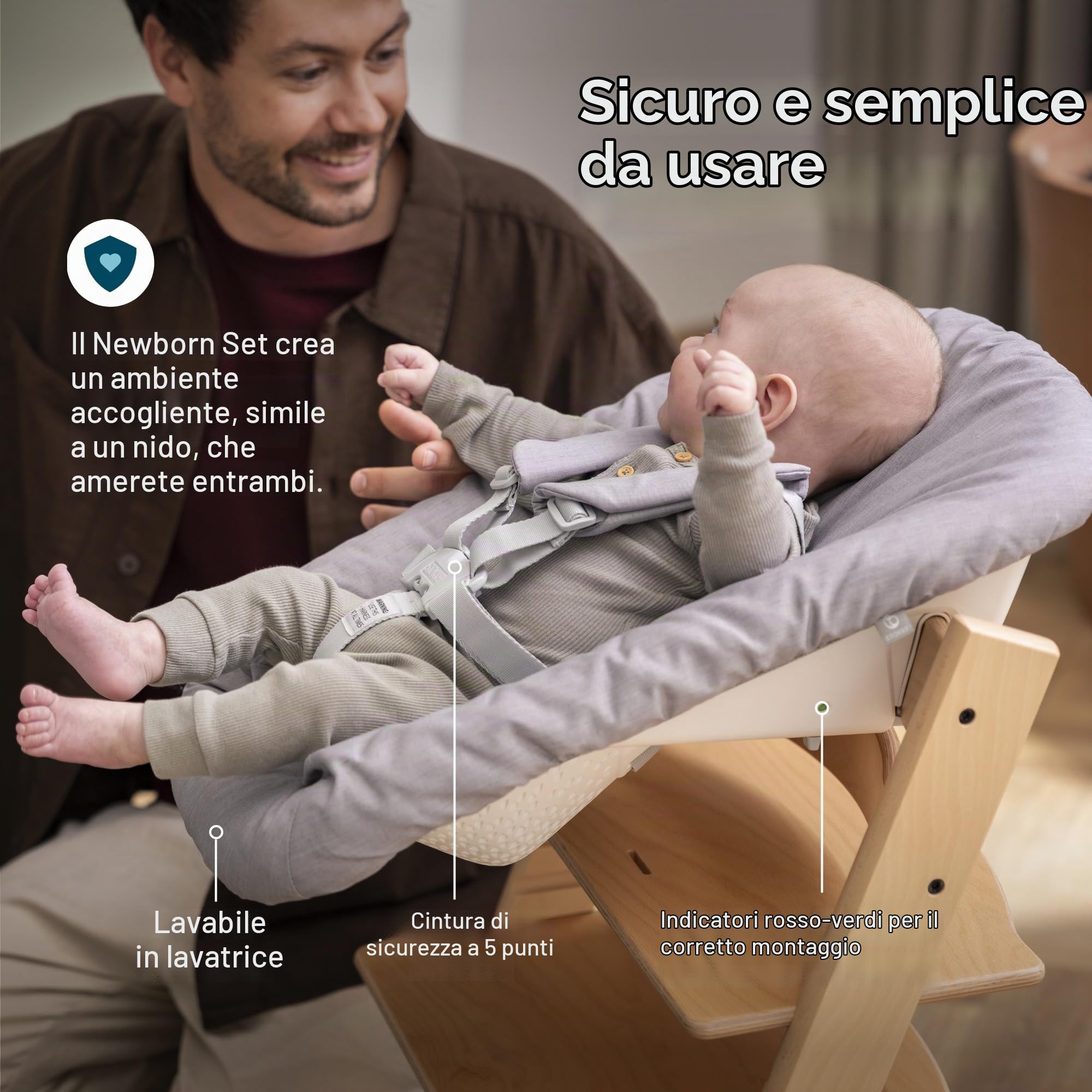 Stokke Tripp Trapp (bianco) con Newborn Set (grigio) - Per neonati fino a 9 chili - accogliente, sicuro e facile da usare