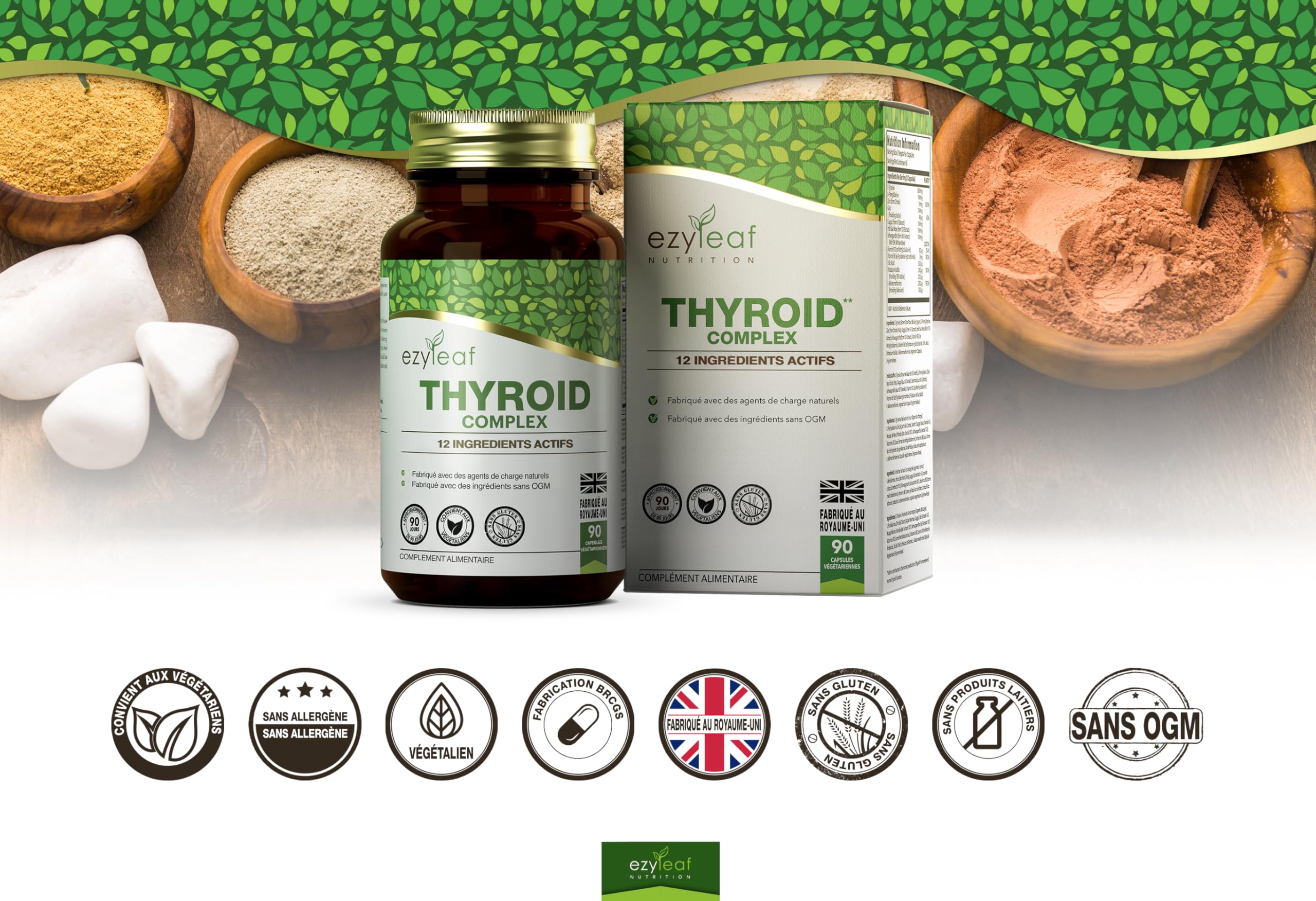 Ezyleaf Complexe Thyroïdien | Supplement Soutien Thyroïdien L Tyrosine Ashwagandha Phenylalanine Iode Zinc Varech Mousse de mer Iodure de Potassium Guggul Selenium | 90 Capsules | Certifié ISO au UK