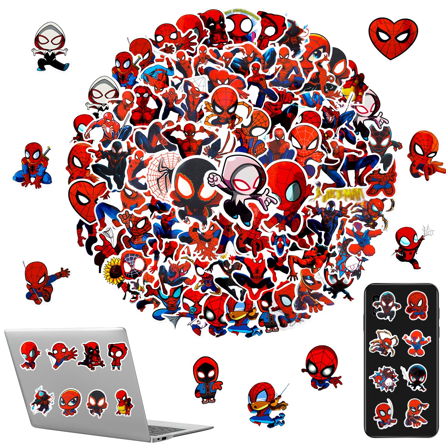 Lot De 100 Autocollants Super Héros - Spiderman, Vinyle Imperméable Pour Gourdes, PC, Skate, 6-8cm