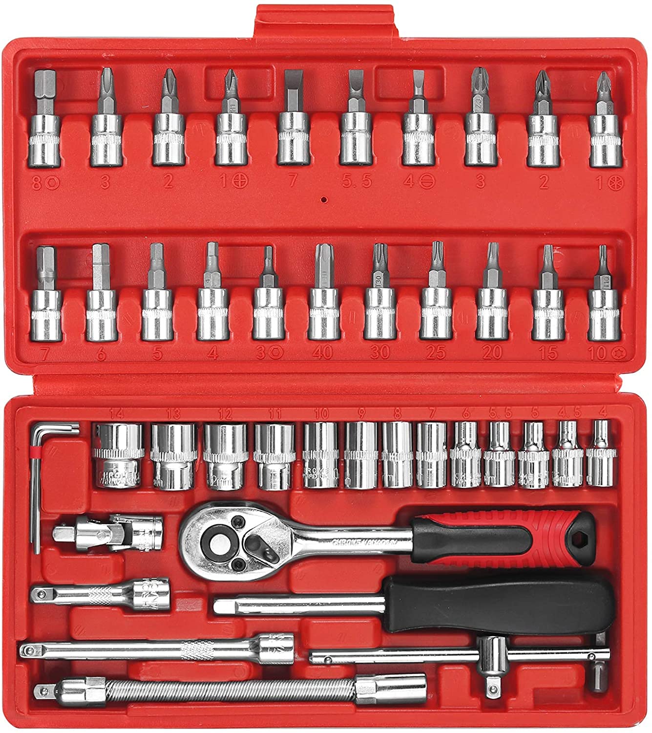 Ostin 46 Pcs Spanner Socket Set 1/4 Inch Screwdriver Ratchet Wrench Set Kit Car Repair Tools Combination Hand Tool Set (Torx end, Box End, Fixed Square and Hex)