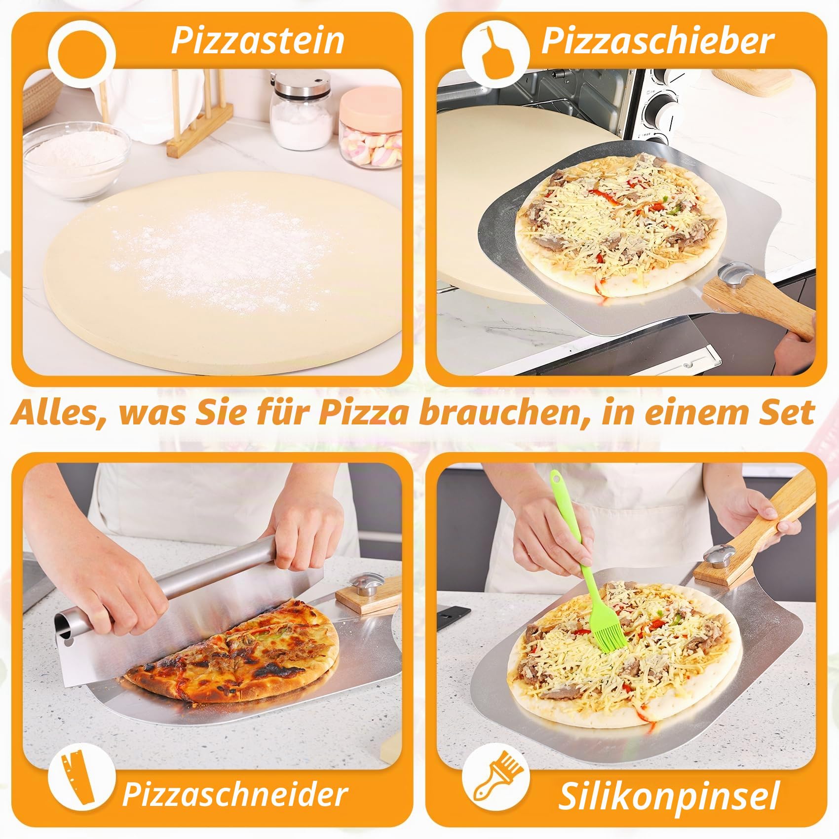 Pizzastein 5er Set, 38 cm Großes Runder Pizzastein für Backofen & Gasgrill & Außengrill mit Metall-Pizzaschieber & Pizzaschneider, 1,5 cm Verdickt Backstein für Backofen Brot