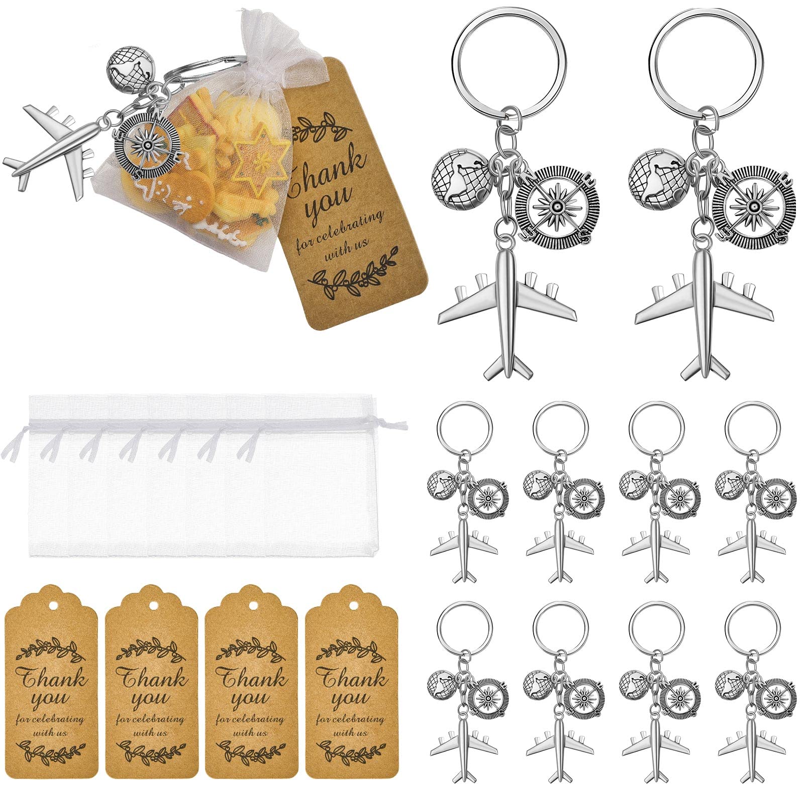 Henoyso Airplane Keychain Party Favor, Including Airplane Compass Keychain with Thank You Tags, Organza Favor Bag for Party