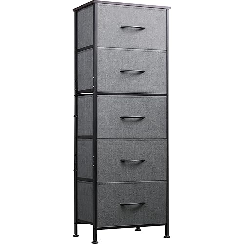 WLIVE Fabric Dresser, 5-Drawer Tall Dresser for Bedroom, Storage Dresser Organizer with Fabric Bins, Wood Top, Sturdy Steel Frame, Chest of Drawers for Closet, Hallway, Dark Grey