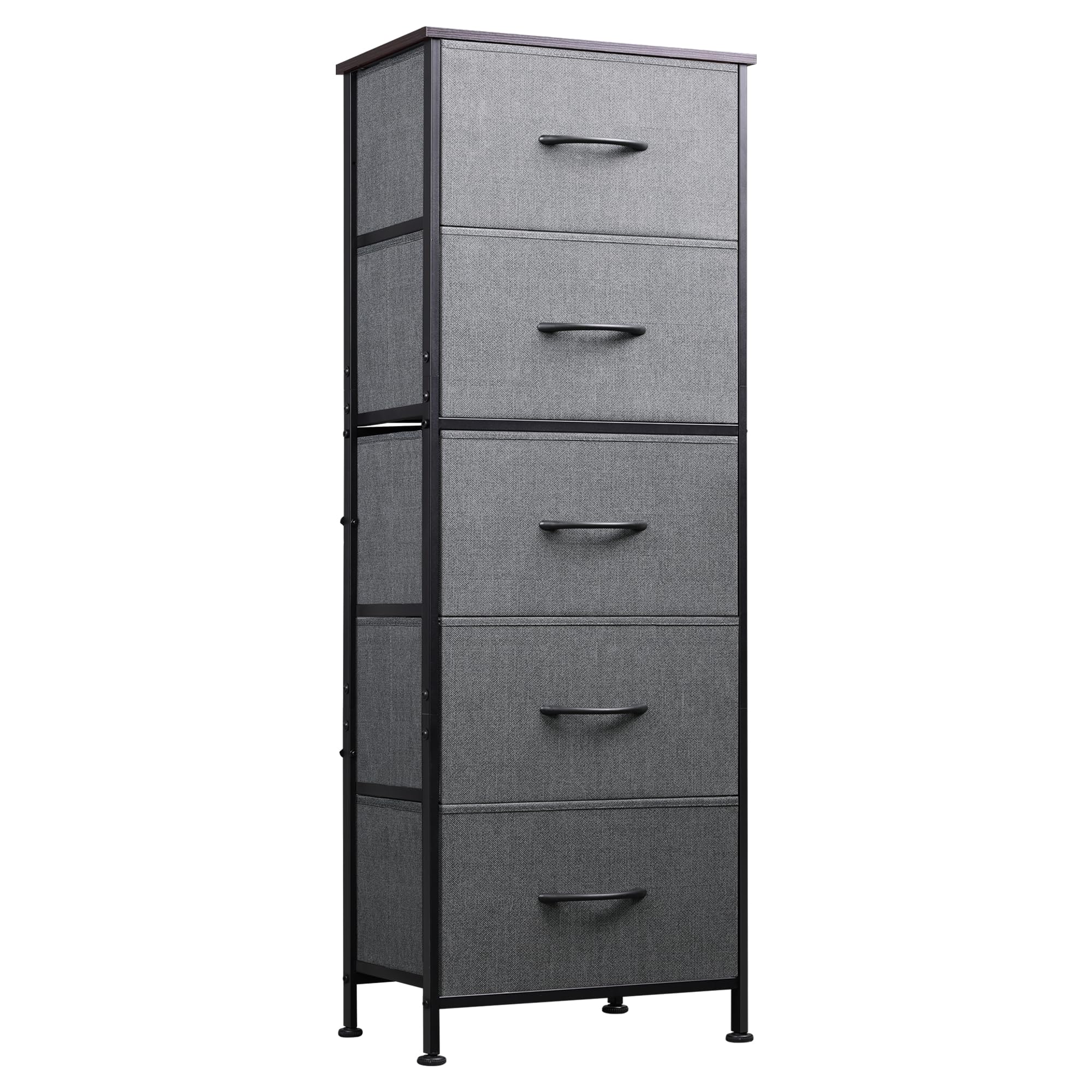 WLIVE Fabric Dresser, 5-Drawer Tall Dresser for Bedroom, Storage Dresser Organizer with Fabric Bins, Wood Top, Sturdy Steel Frame, Chest of Drawers for Closet, Hallway, Dark Grey