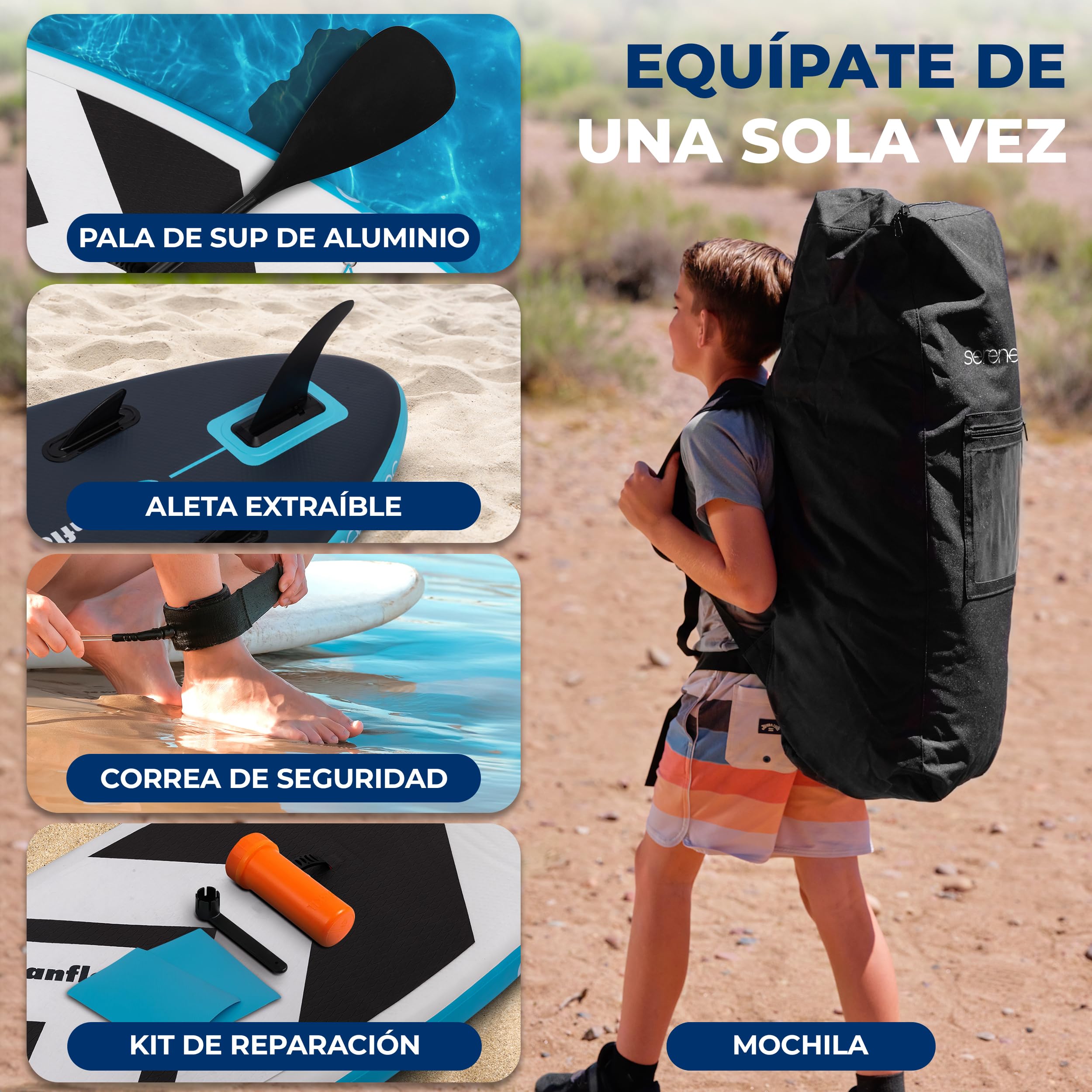 SereneLife Tabla Paddle Surf Inflable para Niños 2.36m, Sup con Bomba, Remo Ajustable, Mochila, Diseño Estable de 76cm y Almohadilla EVA Antideslizante, Apto para 5+ años, Capacidad 90.72kg