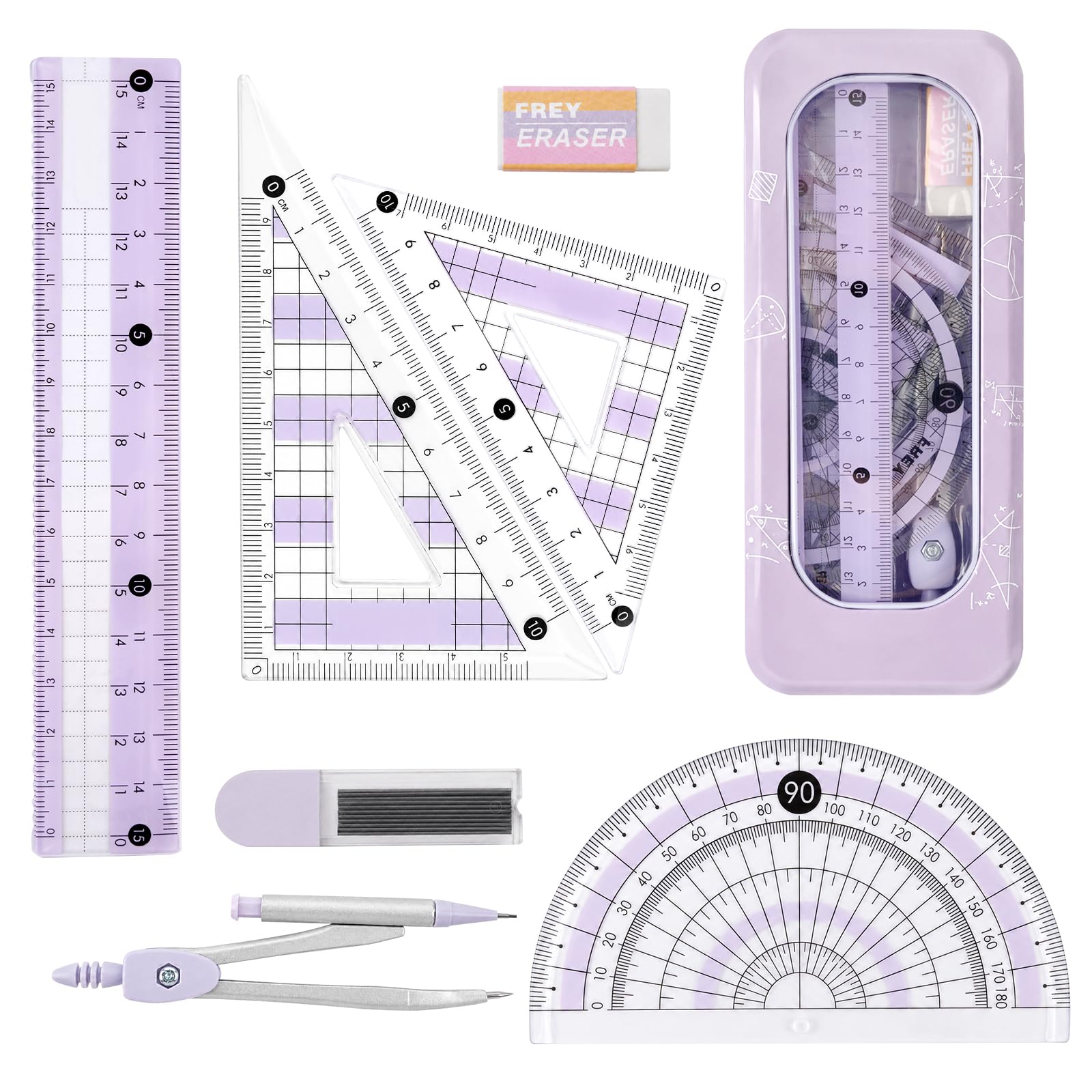 Maths Set, Purple Geometry Sets, 8 Piece Protractor and Compass Set