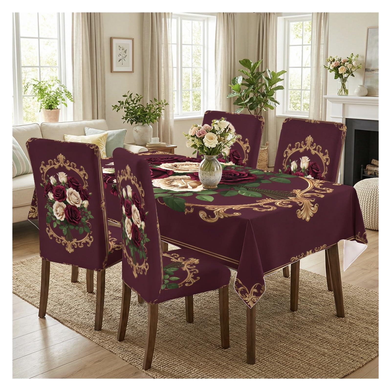 KXUAUV Burgundy Rose & Gold Baroque Print Tablecloth & Chair Covers Set, Slipcovers For Dining Room, Kitchen, Wedding & Romantic Decor, 5/7 Pack Party Decor(5pcs Set: Tablecloth+Chair Covers)