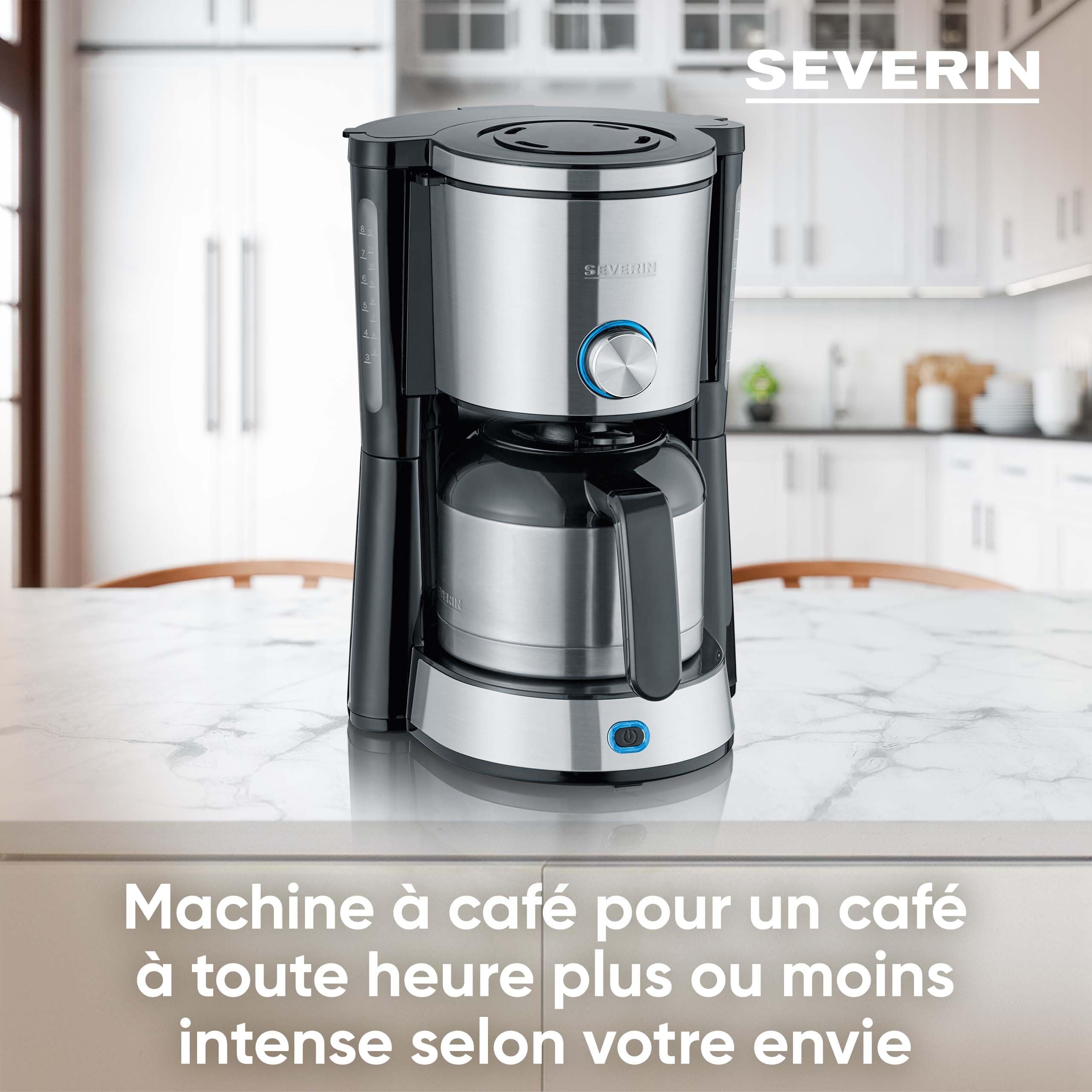 SEVERIN Cafetière Filtre "TypeSwitch", 1 000W, 1L, Juqu'à 8 tasses, Sélecteur d’arôme, Verseuse isotherme, Inox/Noir, KA 4845