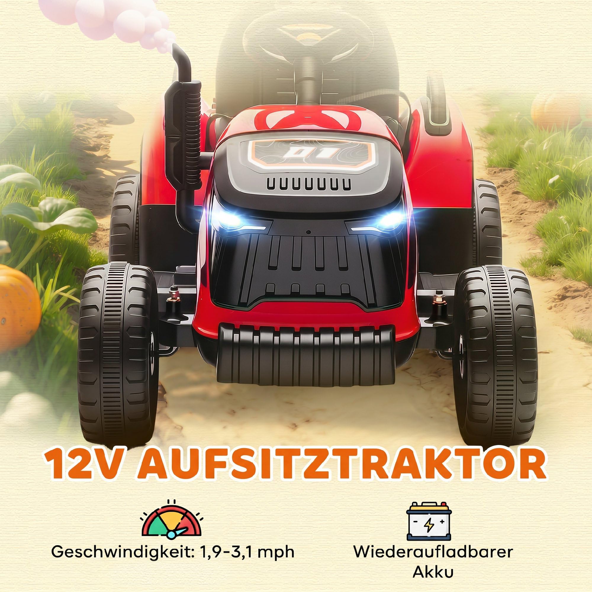 AIYAPLAY Elektryczny traktor dziecięcy z przyczepą, traktor z pilotem zdalnego sterowania, 2 silniki, 3-biegowy samochód elektryczny dla dzieci z muzyką, klakson, dźwięk rozruchu, delikatny start, 3-5