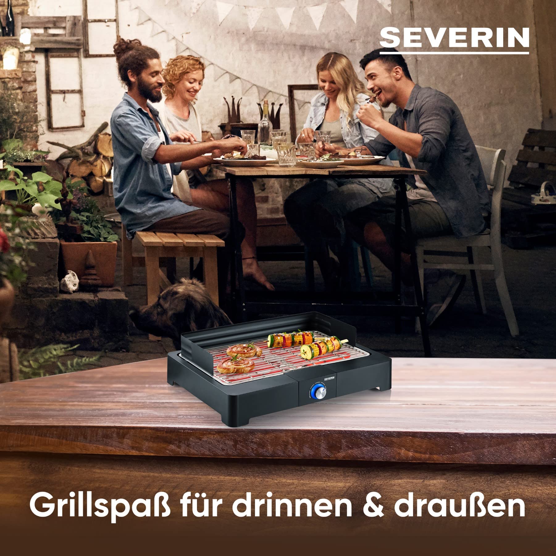 SEVERIN Tischgrill mit Edelstahl-Grillrost für drinnen und draußen, Elektrogrill mit schnellem Grill-Start, Balkon Grill ohne Verbrennungsgefahr, Schwarz, PG 8565