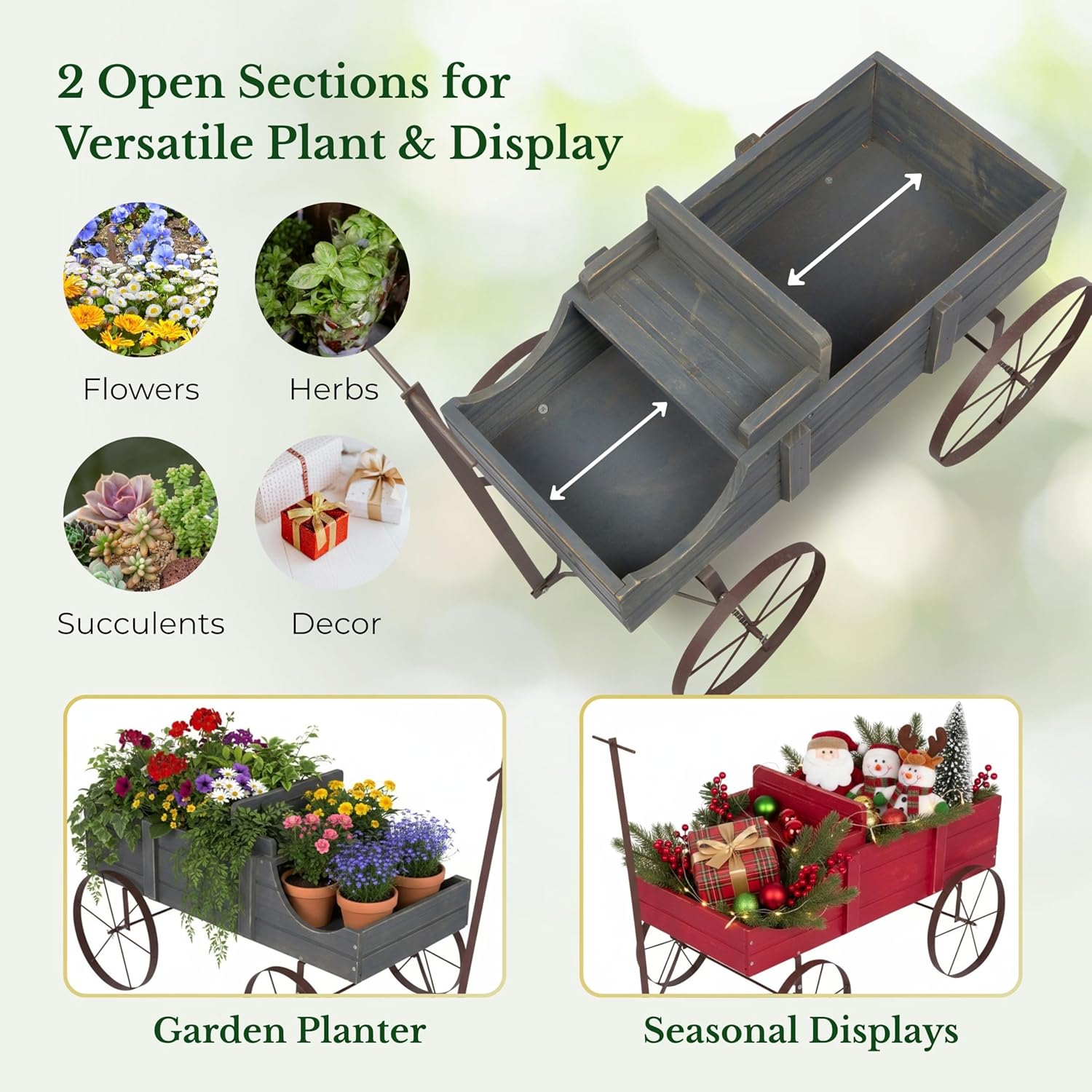 Shine Company Decorative Wagon Garden Planter, Wooden Wagon Yard Décor for Outdoor Plants, Small, Gray