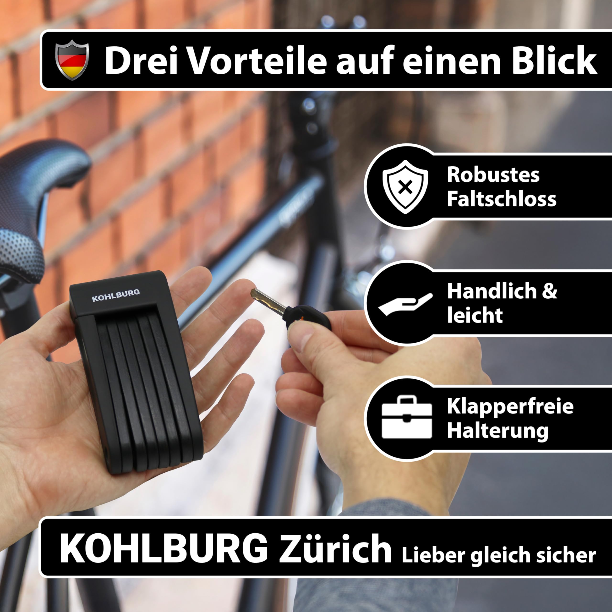 KOHLBURG leichtes & kleines Faltschloss - 680g leicht & 70cm lang - sicheres Fahrradschloss aus gehärtetem Stahl für E-Bike & Fahrrad mit Halterung