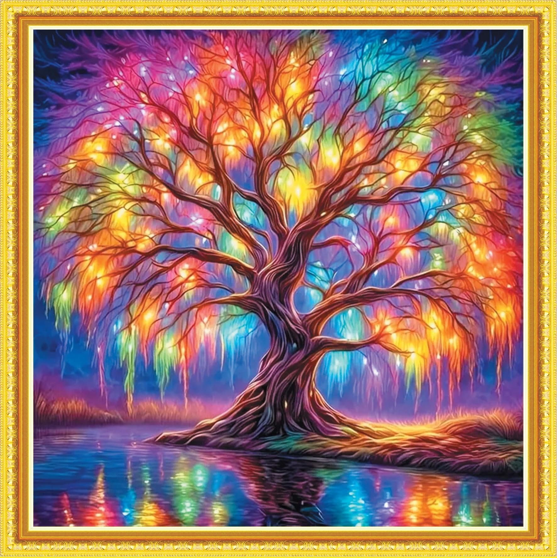 IUHUI 11 Count Stamped Cross Stitch Kits for Beginners Adults, Colourful Light Tree Pre-Printed DIY 11ct Embroidery Sewing Starter Kit Needlework Easy Patterns