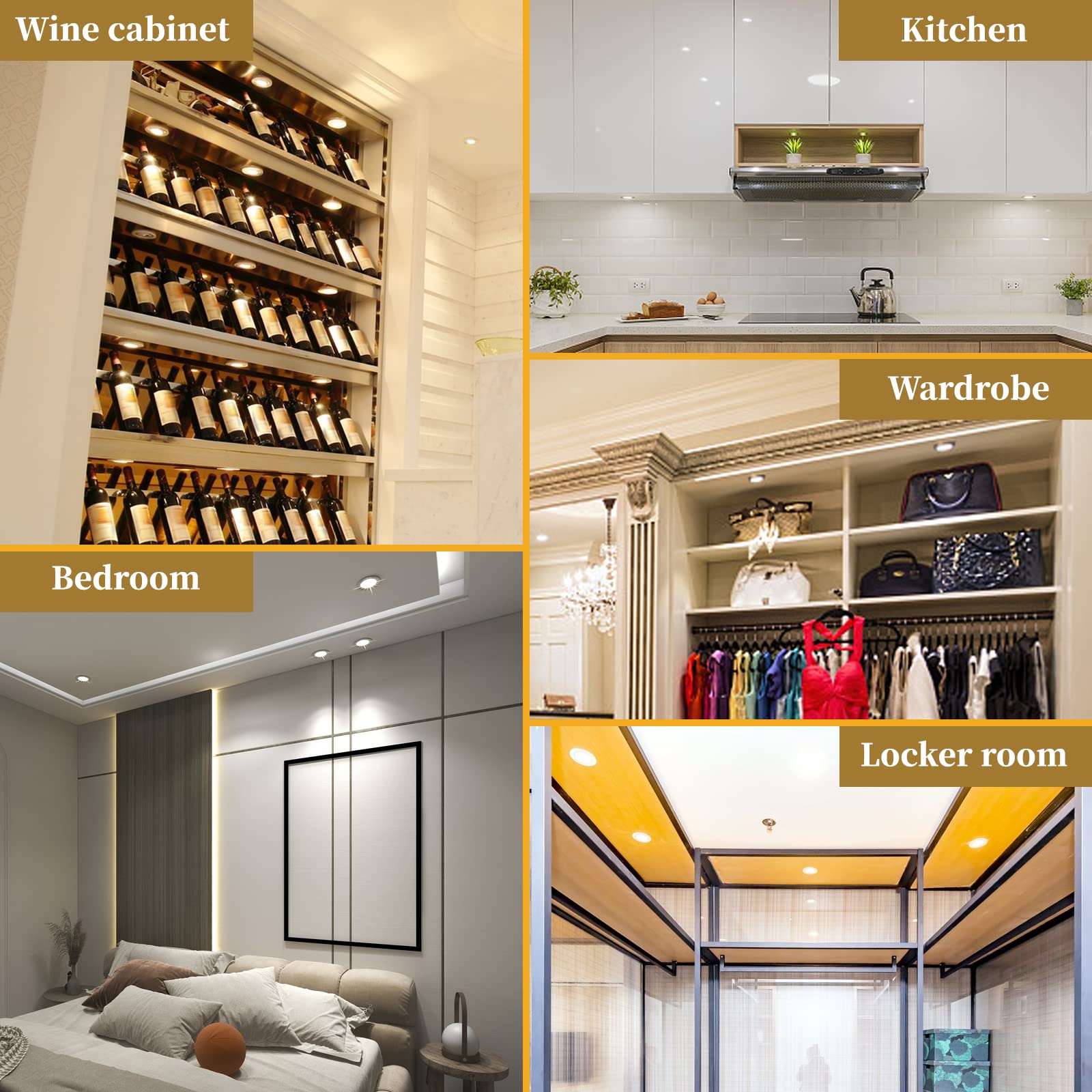Luces para Gabinetes LED (4 luces, Blanco cálido) Luces de Armarios Regulables,12v 2.5w Para Vitrinaestantes de armarios de cocina y muebles de interior- 11 modos de iluminación